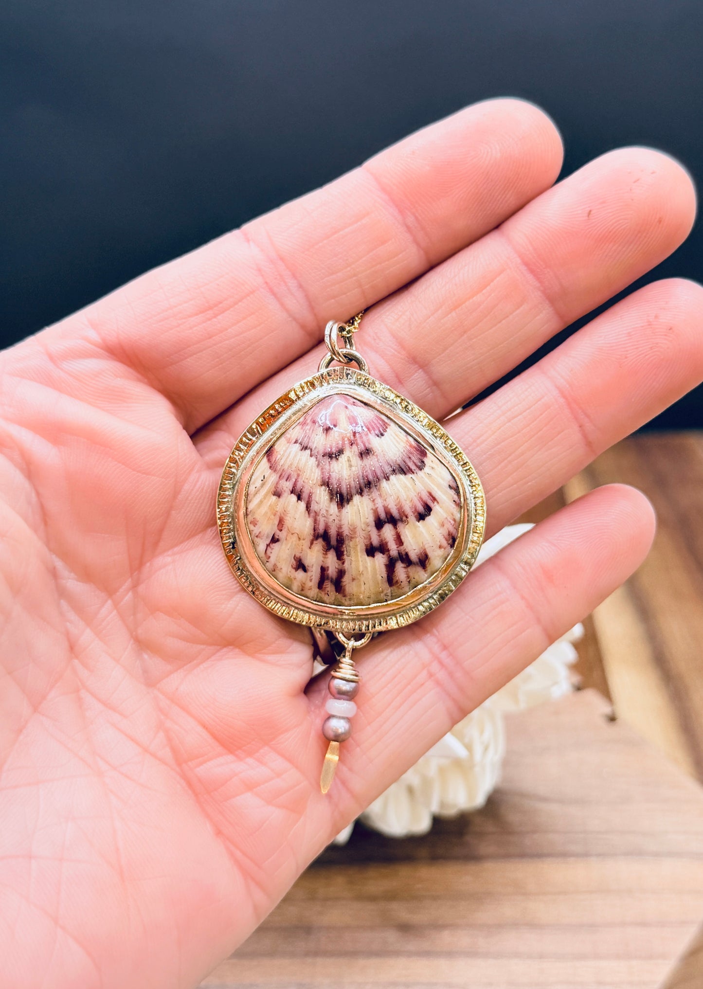 Gold-Fill Scallop Shell and Pearl Pendant