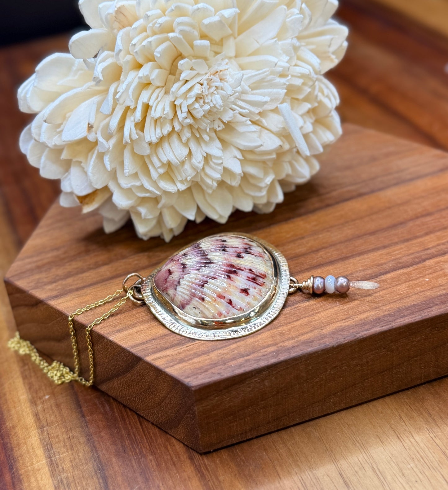 Gold-Fill Scallop Shell and Pearl Pendant