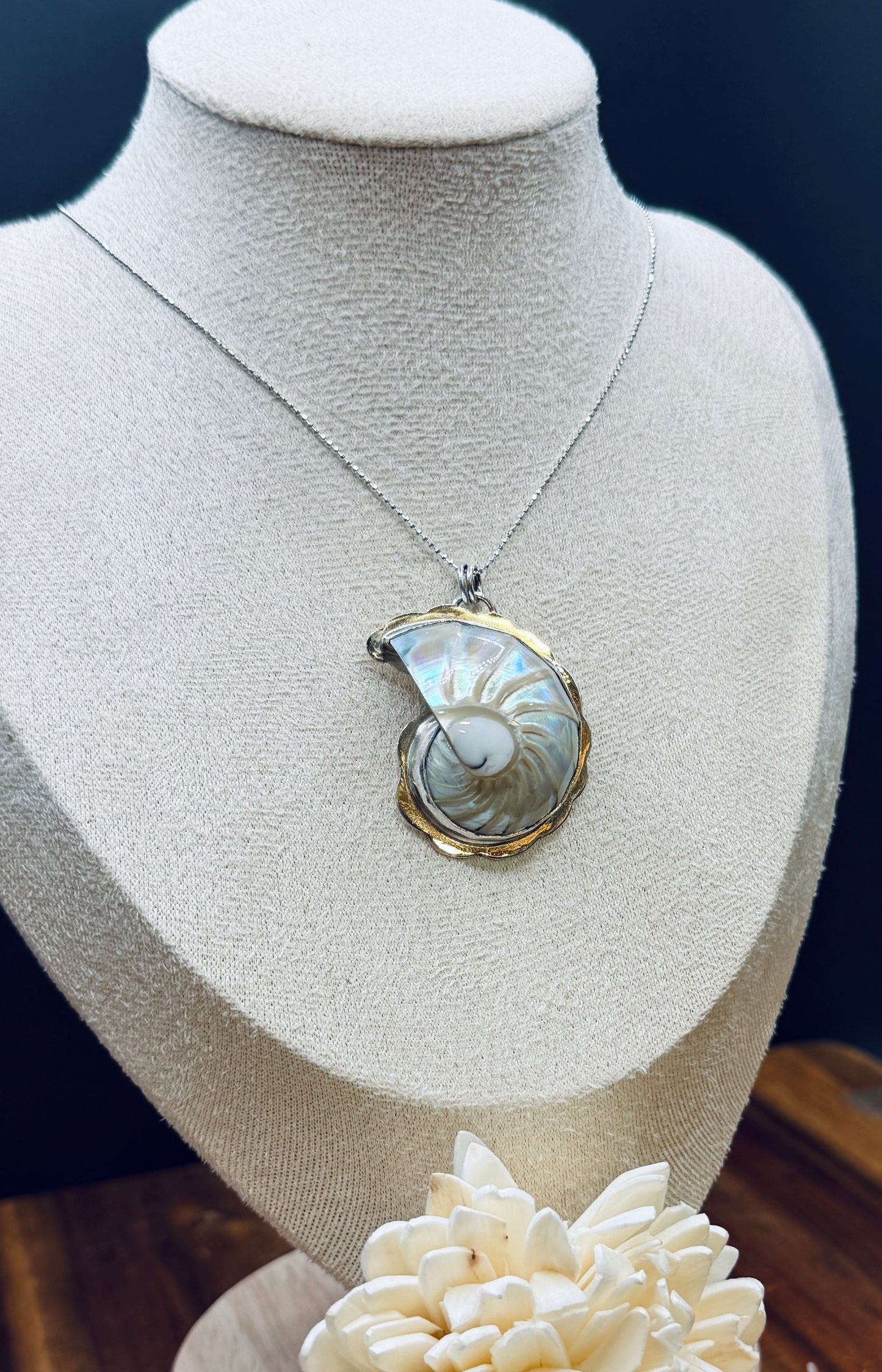 Pearlized Nautilus Shell Sterling Silver Pendant