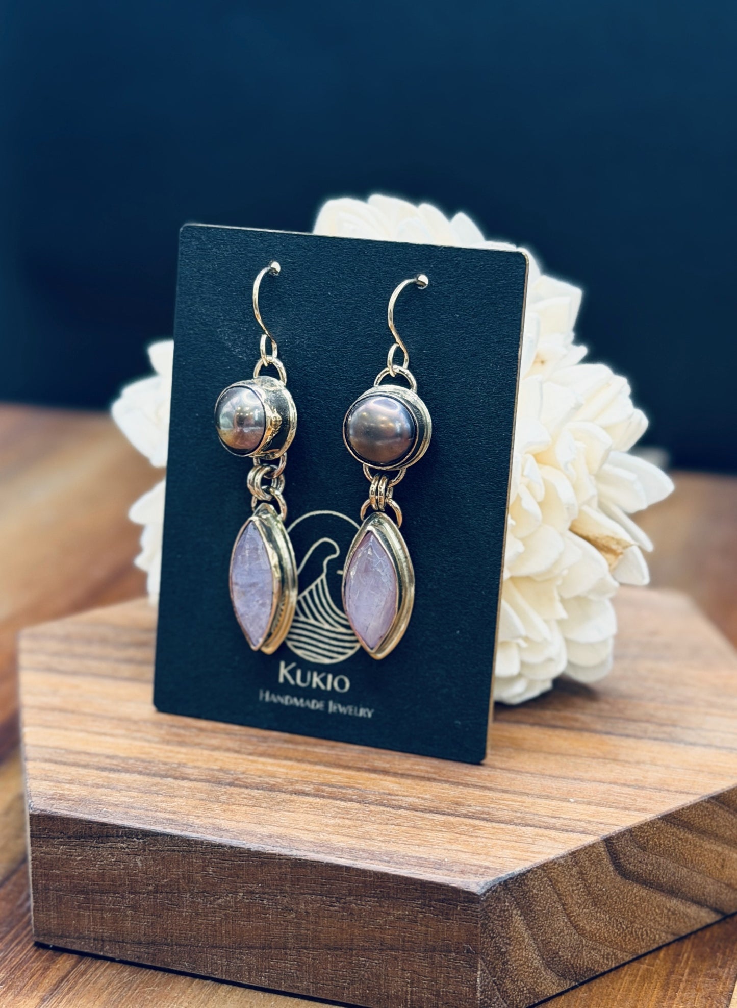 Pink Kunzite with Tahitian Pearl Earrings