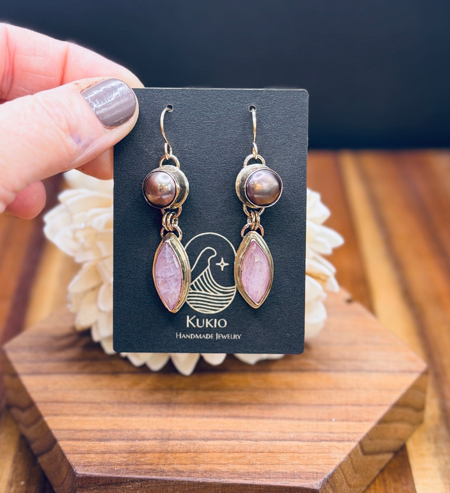 Pink Kunzite with Tahitian Pearl Earrings