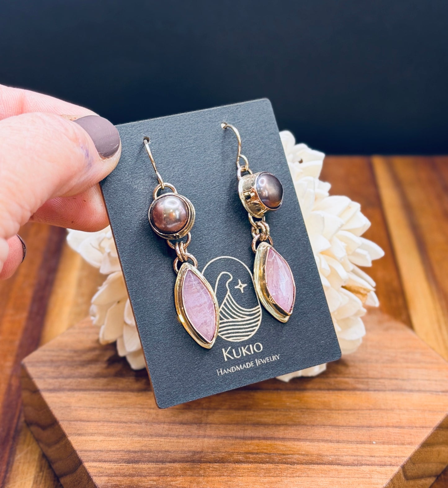 Pink Kunzite with Tahitian Pearl Earrings
