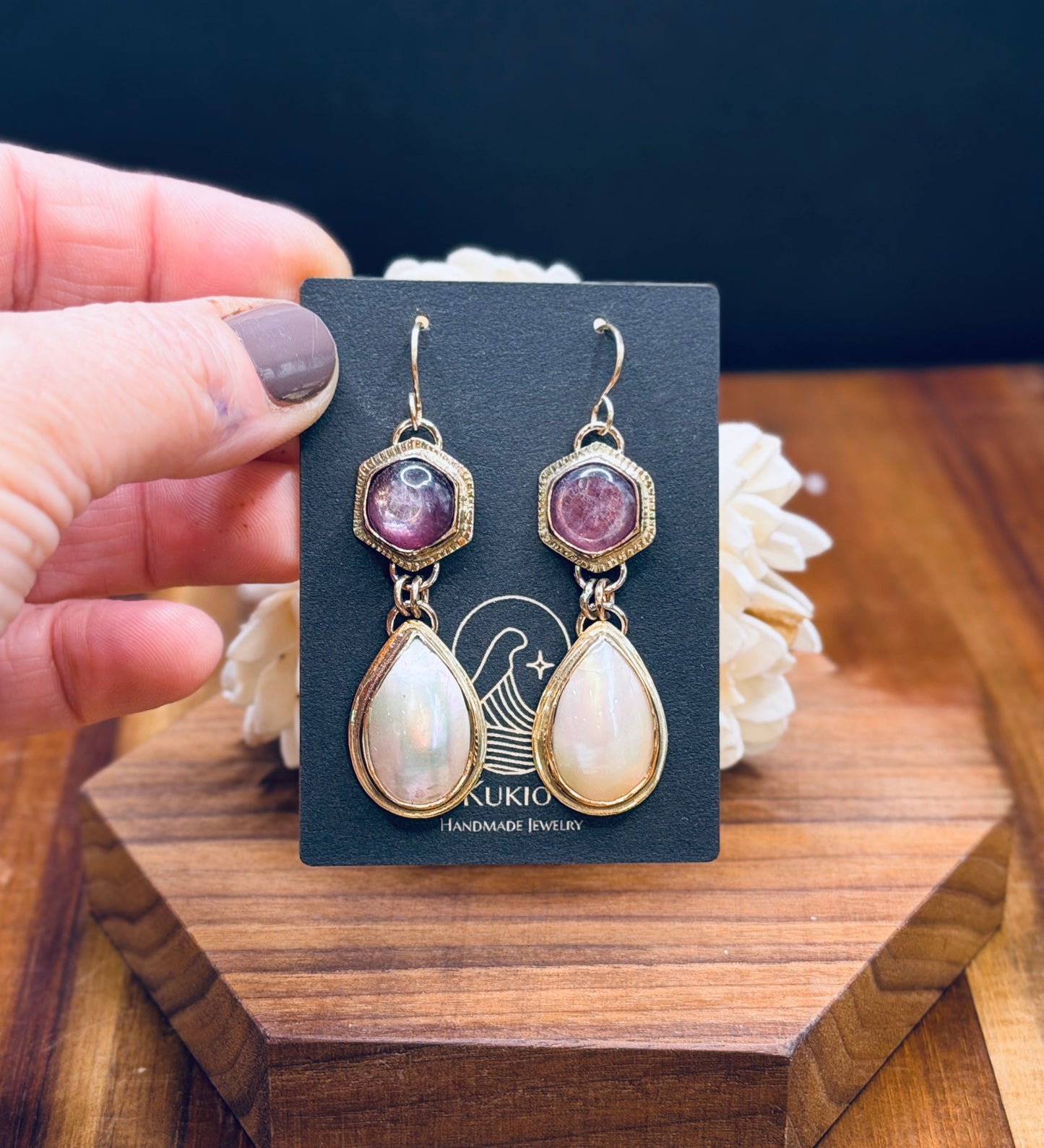 Gold-fill Mabe Pearl and Lepidolite Earrings