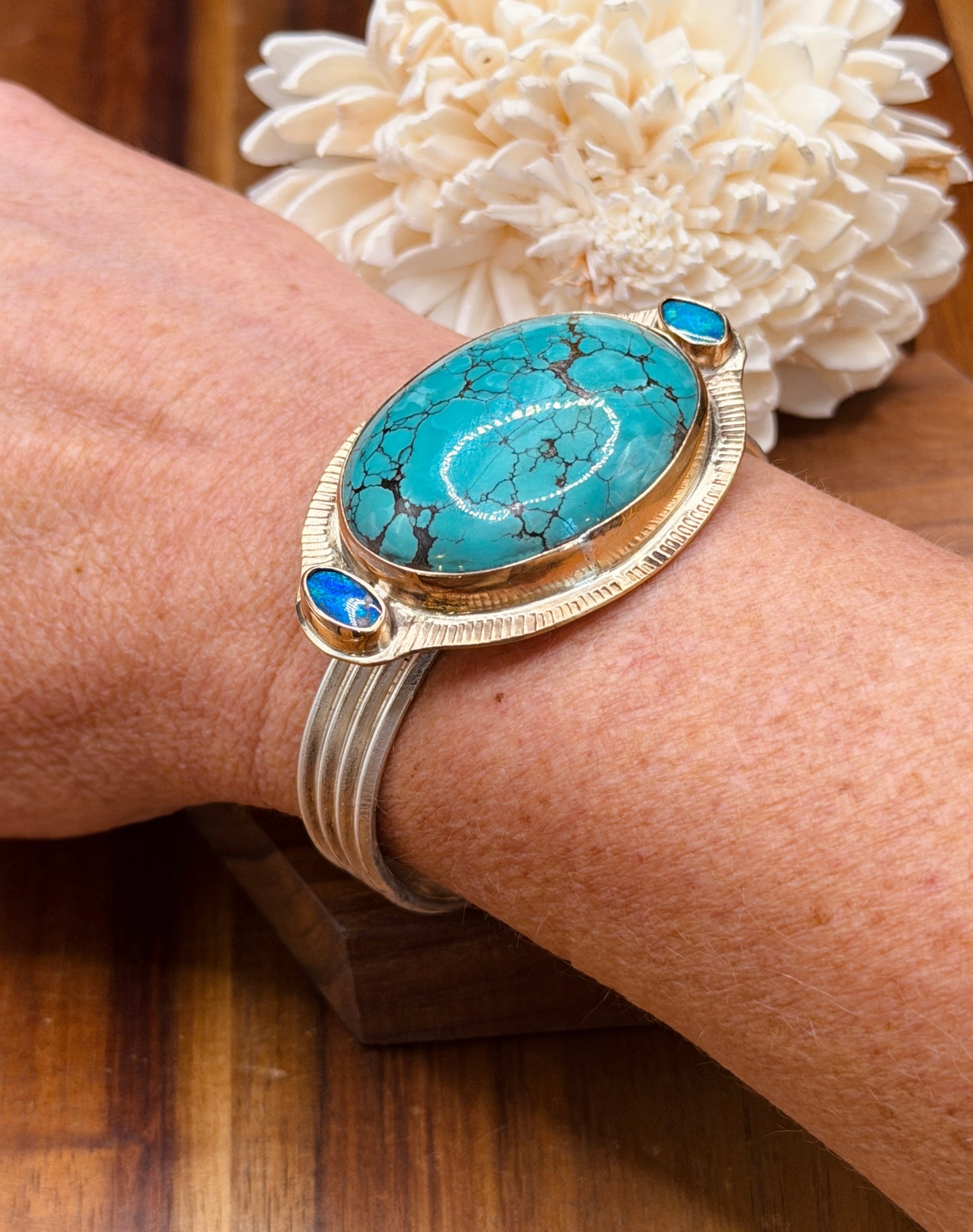 Turquoise and Cooper Pedy Opal Cuff