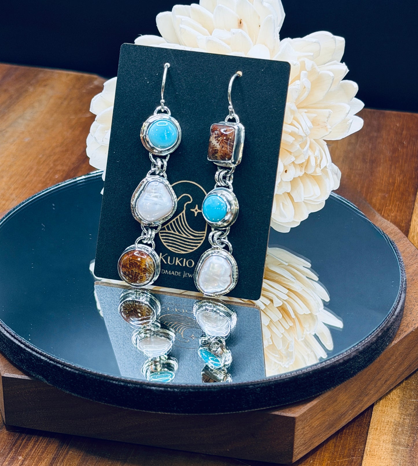 Fossilized Coral, Pearl and Sleeping Beauty Turquoise Earrings