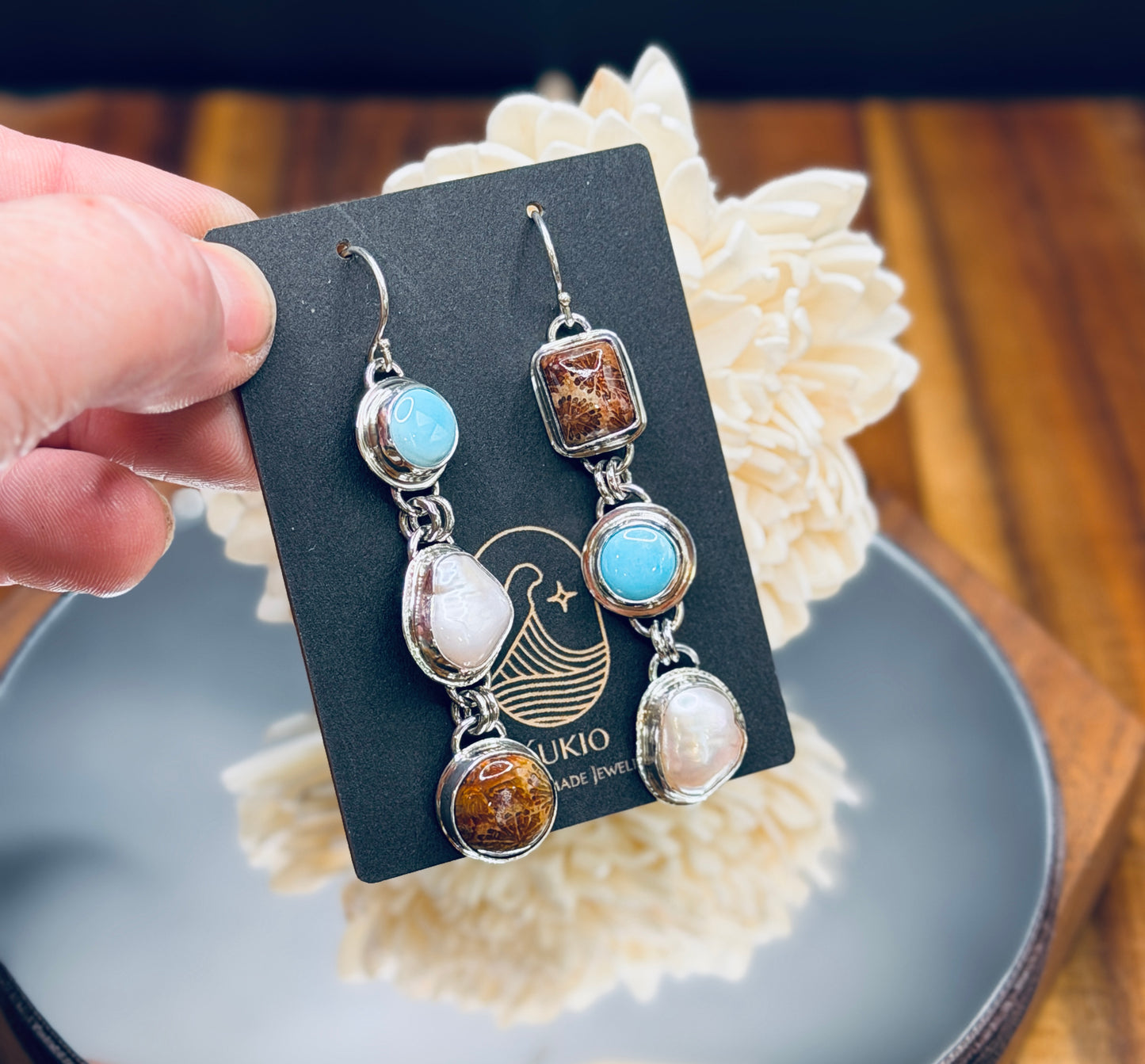 Fossilized Coral, Pearl and Sleeping Beauty Turquoise Earrings