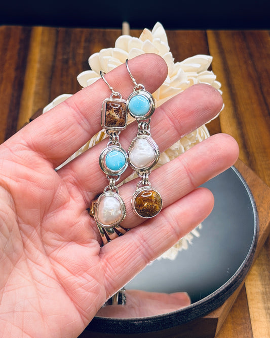 Fossilized Coral, Pearl and Sleeping Beauty Turquoise Earrings