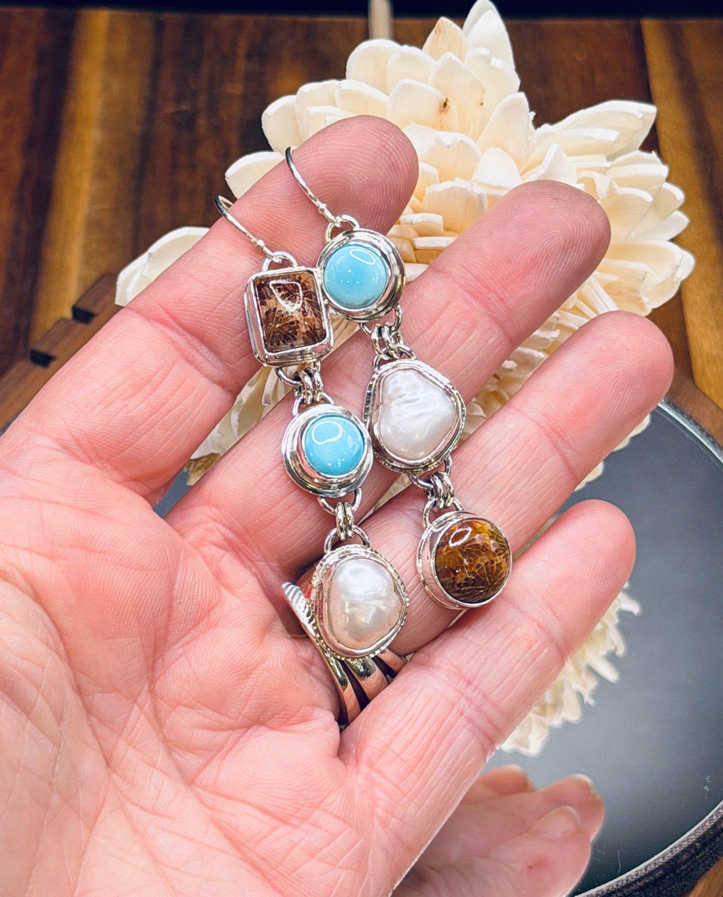 Fossilized Coral, Pearl and Sleeping Beauty Turquoise Earrings