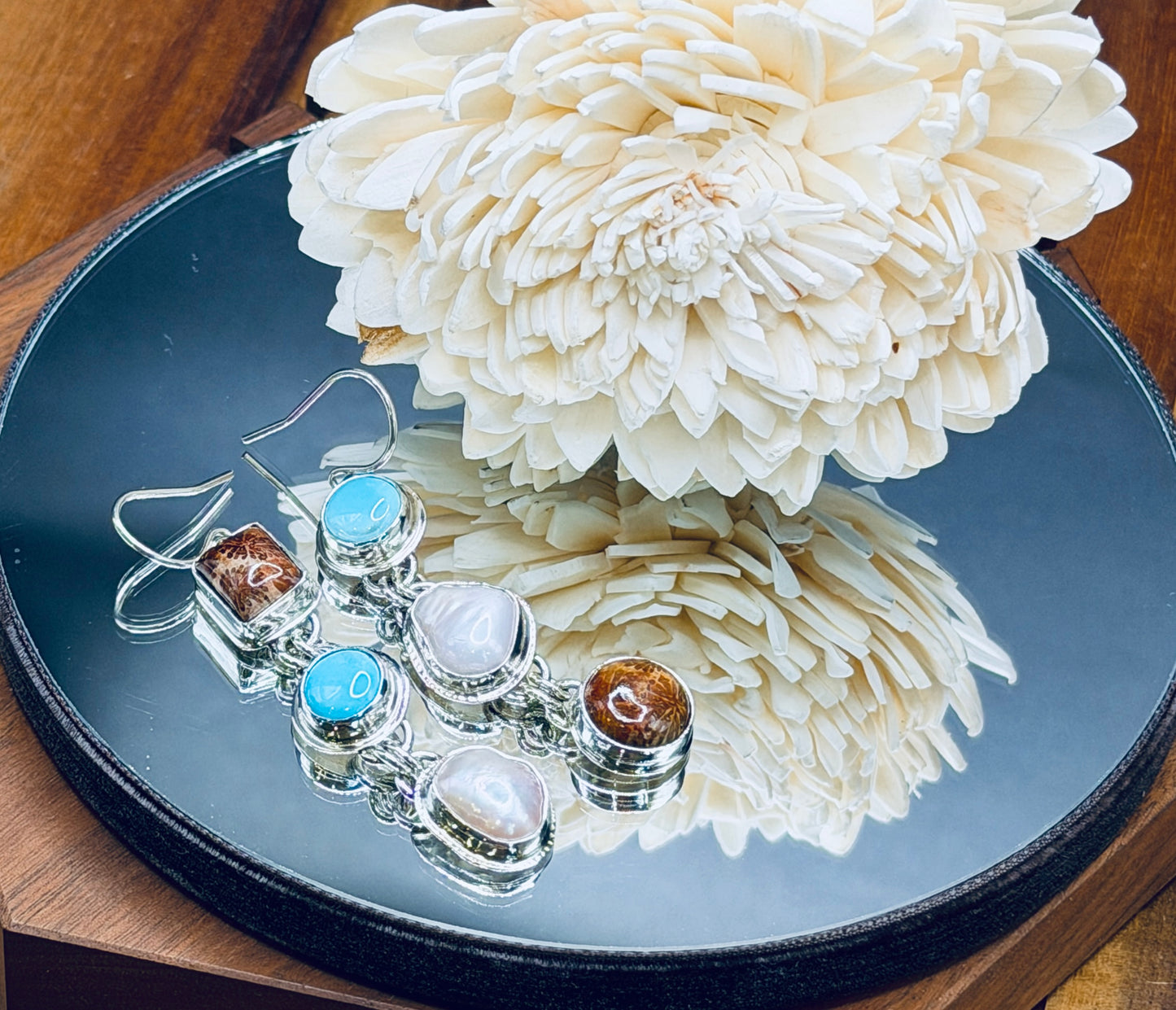 Fossilized Coral, Pearl and Sleeping Beauty Turquoise Earrings