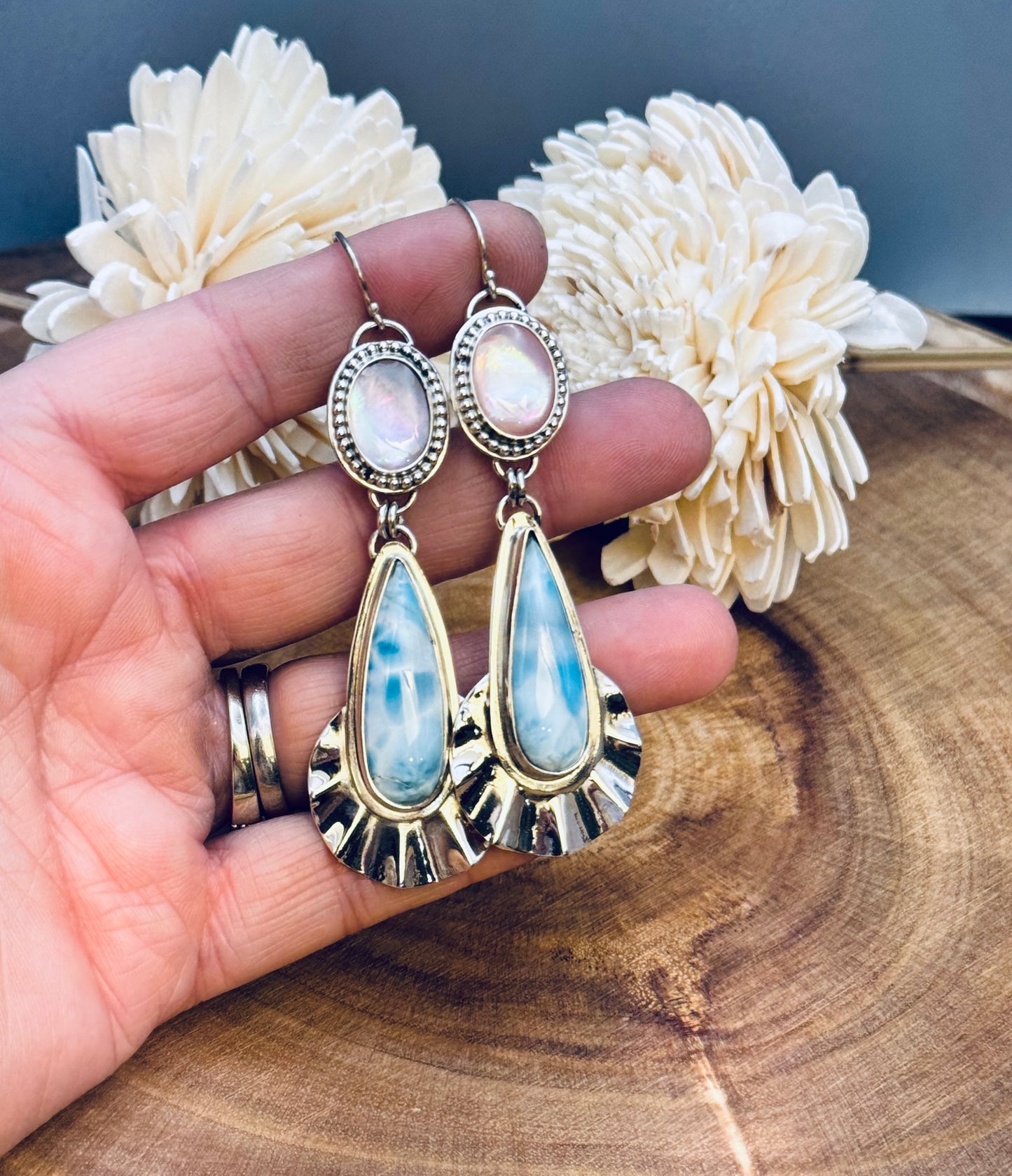 Sterling Silver Larimar and Pink Conch Shell Earrings