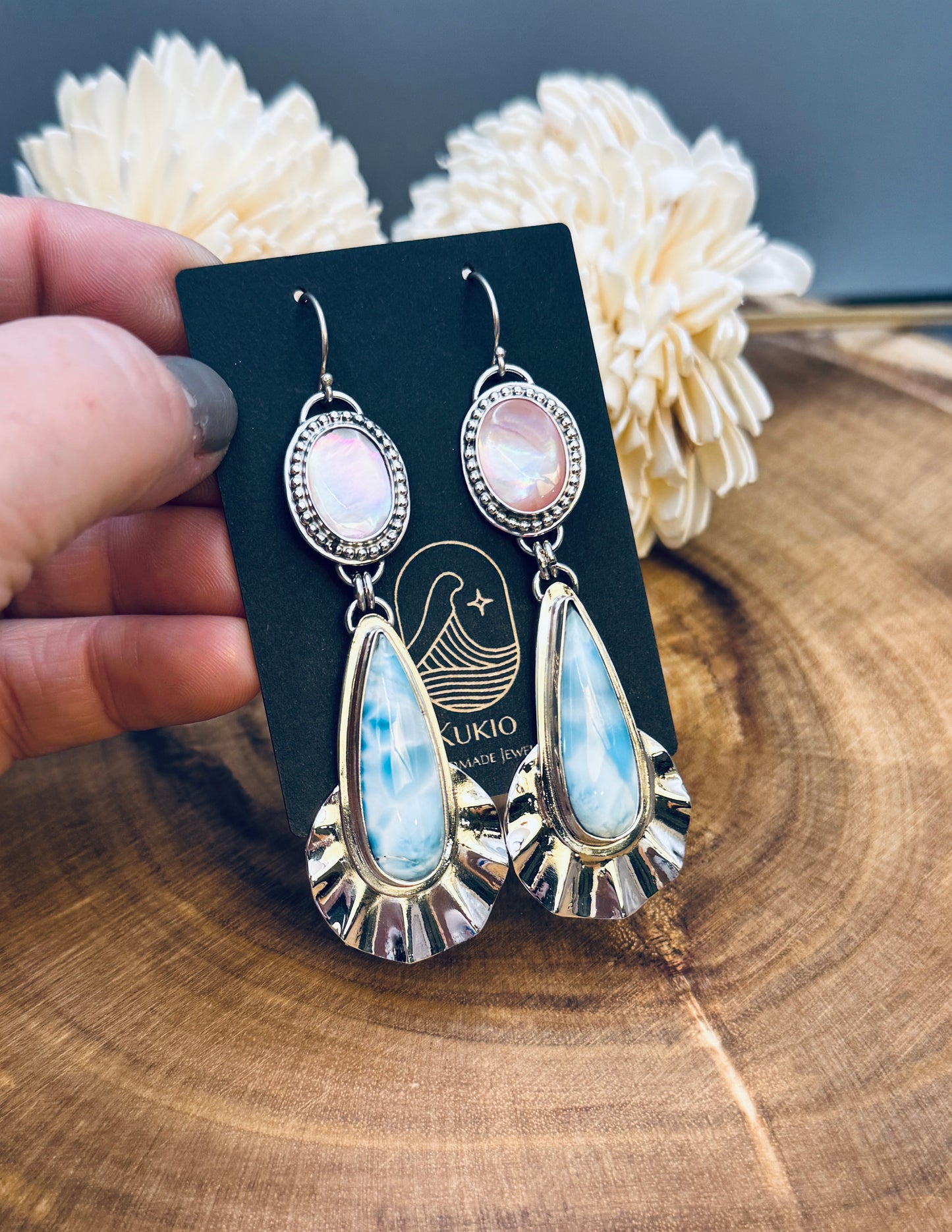 Sterling Silver Larimar and Pink Conch Shell Earrings