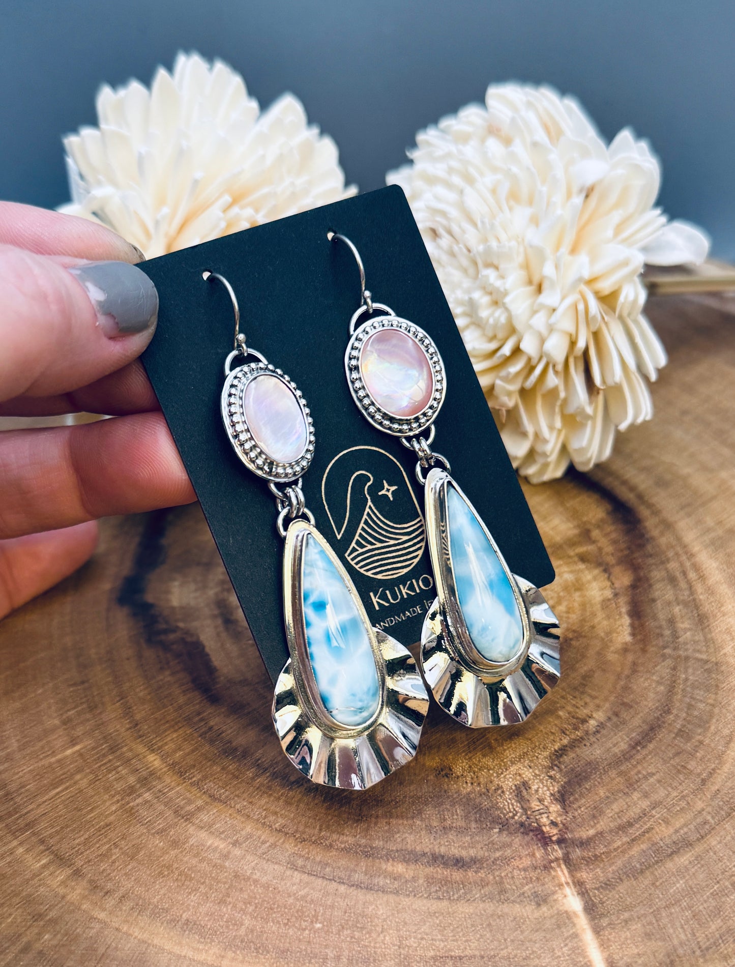 Sterling Silver Larimar and Pink Conch Shell Earrings