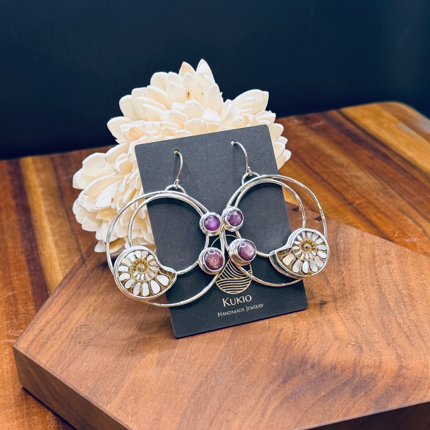 Sterling Silver Double Hoop Ammonite and Silky Ruby Earrings
