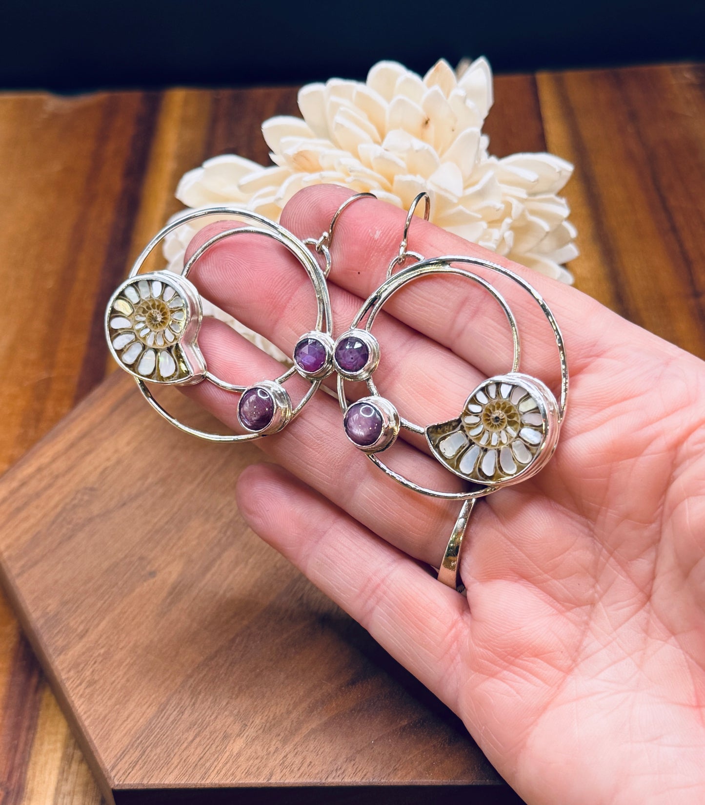 Sterling Silver Double Hoop Ammonite and Silky Ruby Earrings