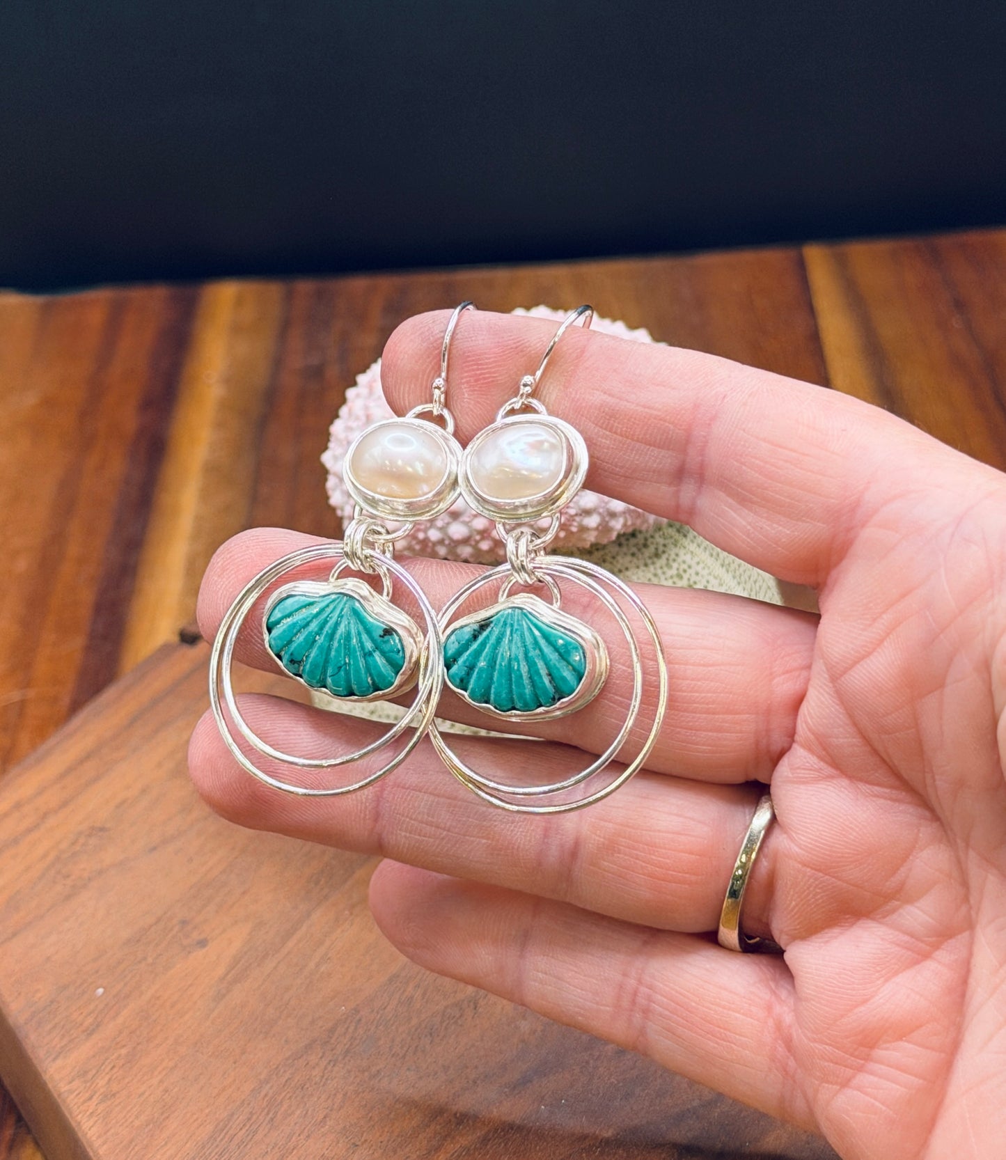 Turquoise Shell and Pearl Sterling Silver Hoop Earrings