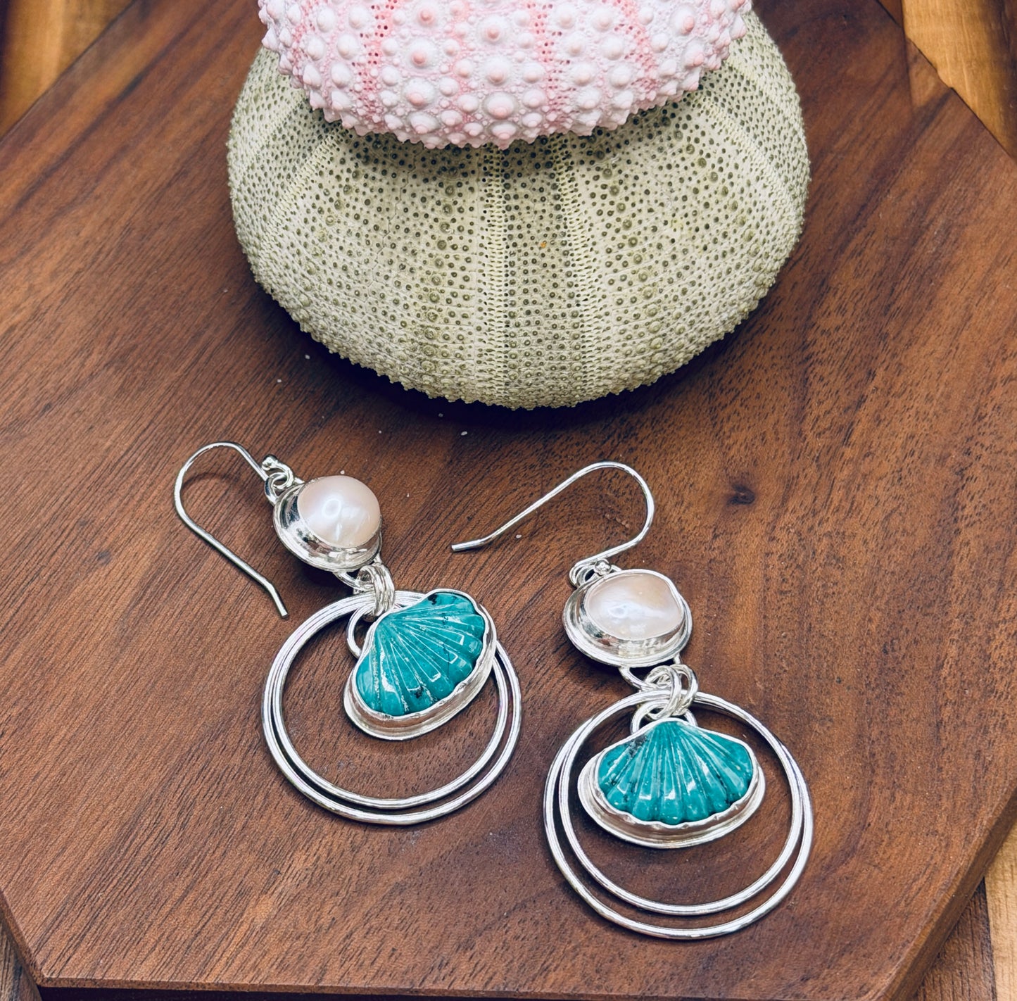 Turquoise Shell and Pearl Sterling Silver Hoop Earrings
