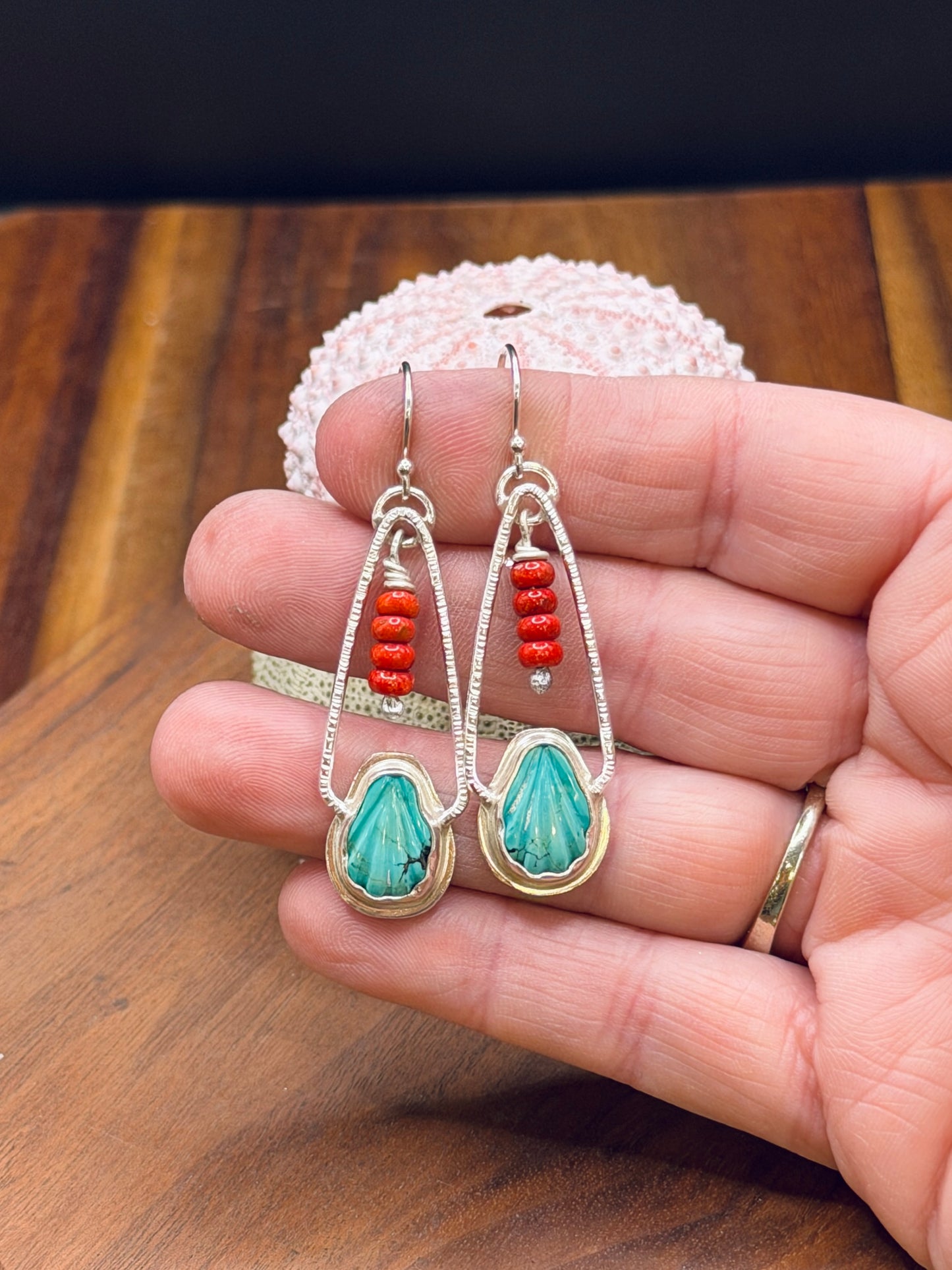 Sterling Silver Shell Turquoise and Red Coral Earrings