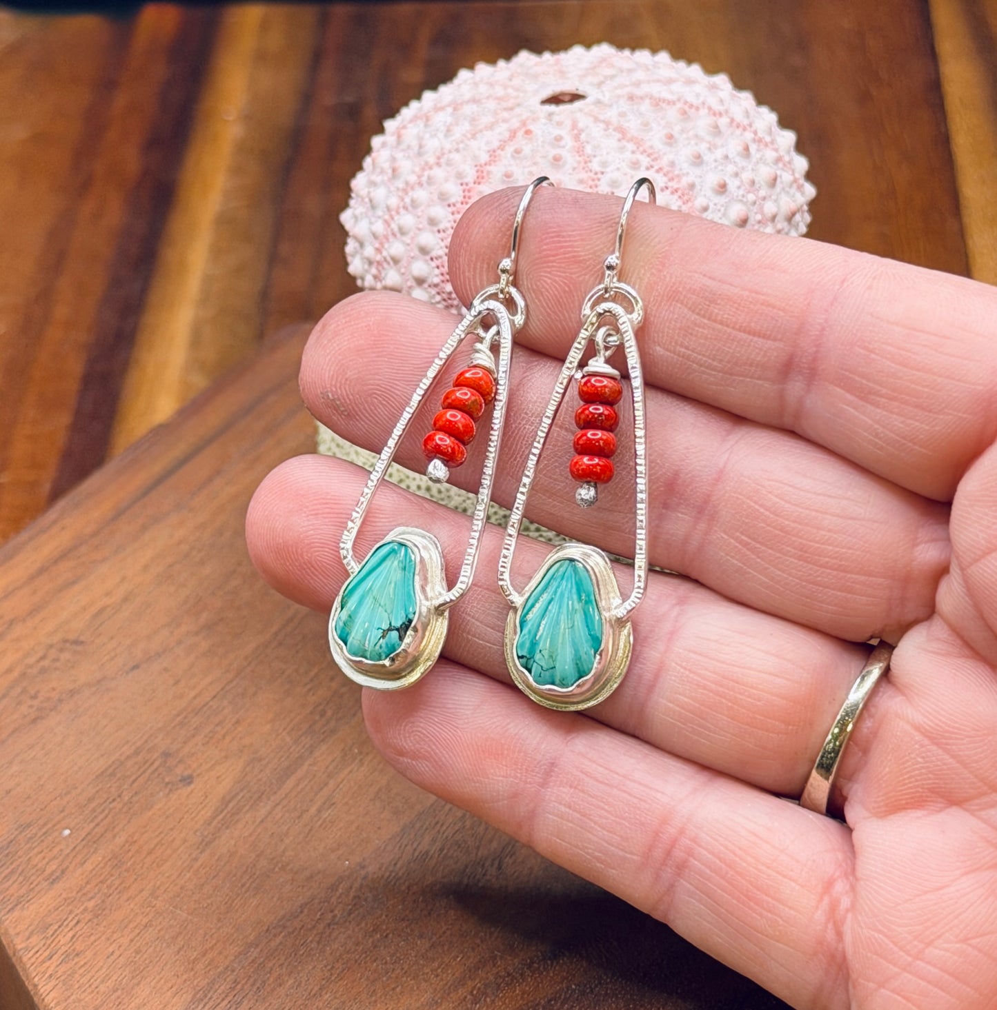 Sterling Silver Shell Turquoise and Red Coral Earrings
