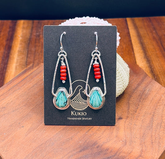 Sterling Silver Shell Turquoise and Red Coral Earrings