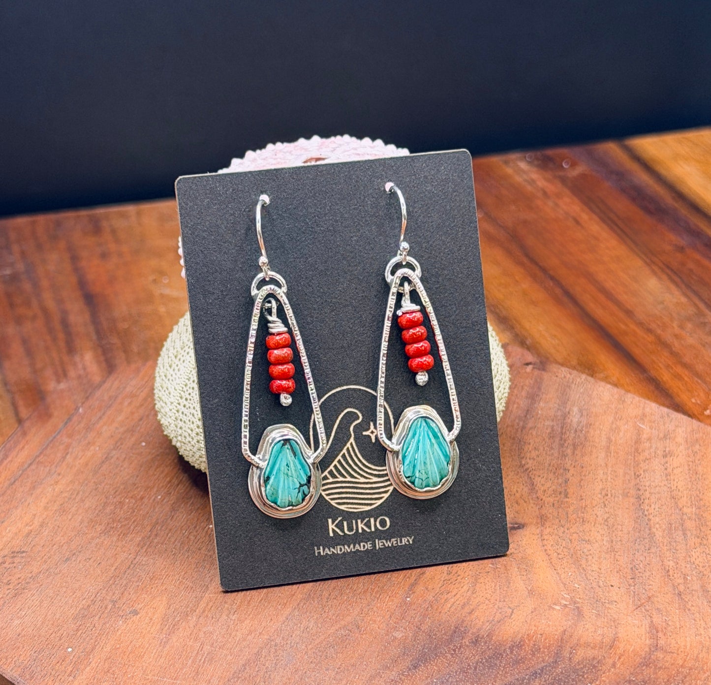Sterling Silver Shell Turquoise and Red Coral Earrings