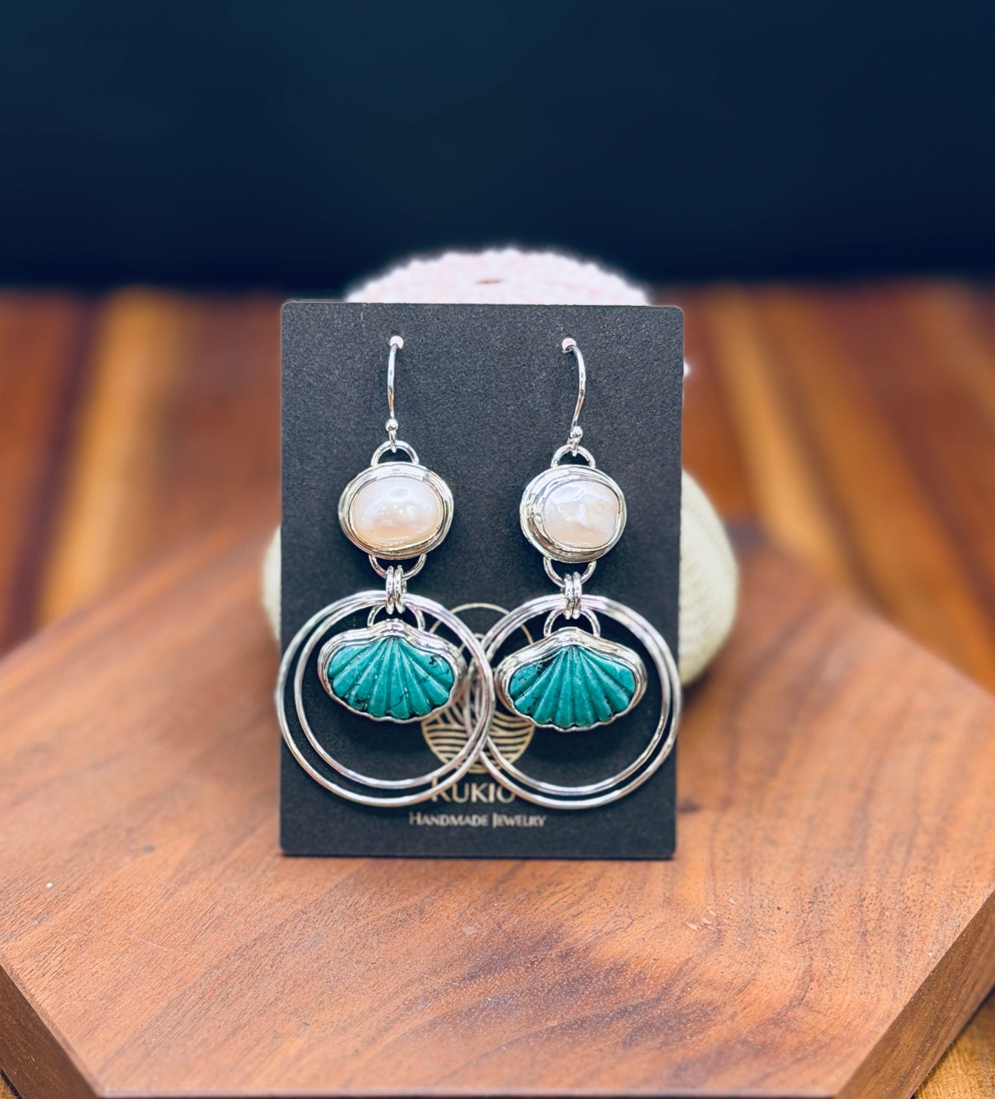 Turquoise Shell and Pearl Sterling Silver Hoop Earrings