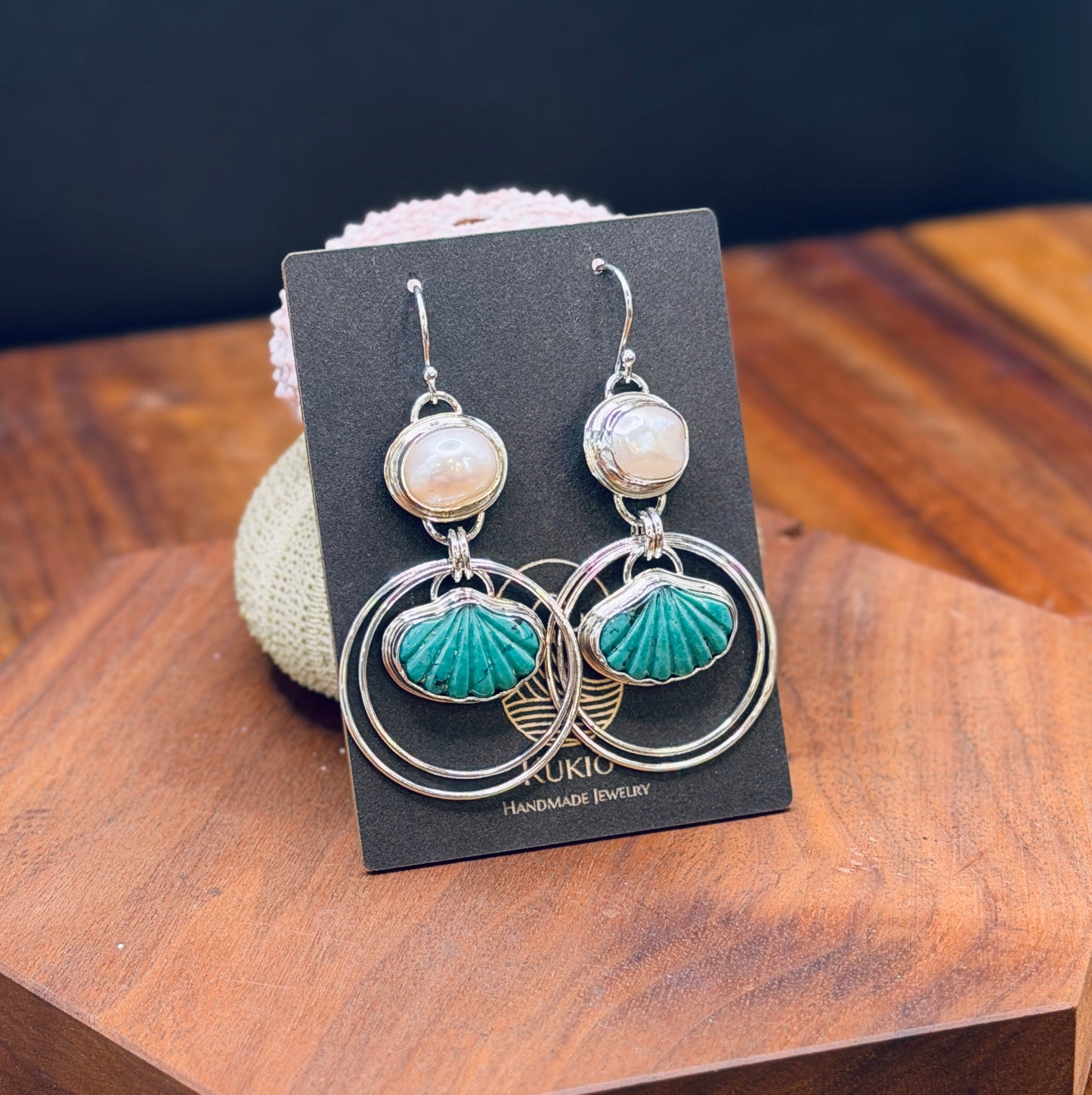 Turquoise Shell and Pearl Sterling Silver Hoop Earrings