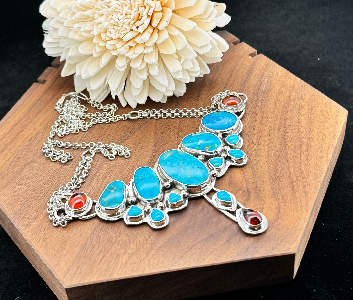 Turquoise and Hessonite Garnet Sterling Silver Necklace