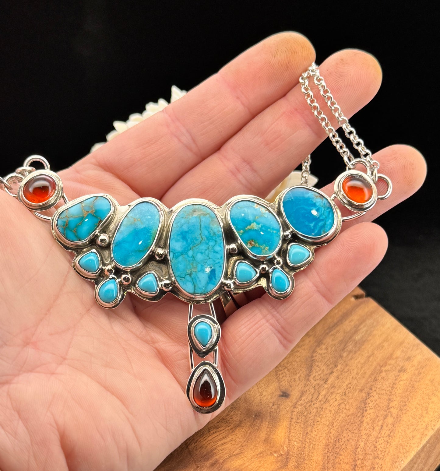 Turquoise and Hessonite Garnet Sterling Silver Necklace