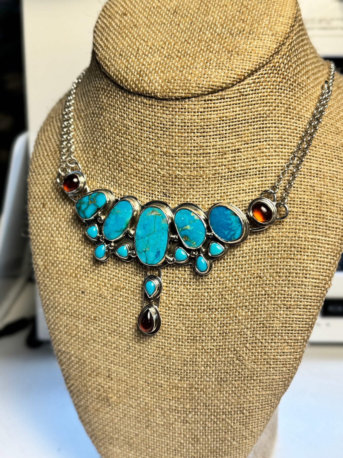 Turquoise and Hessonite Garnet Sterling Silver Necklace