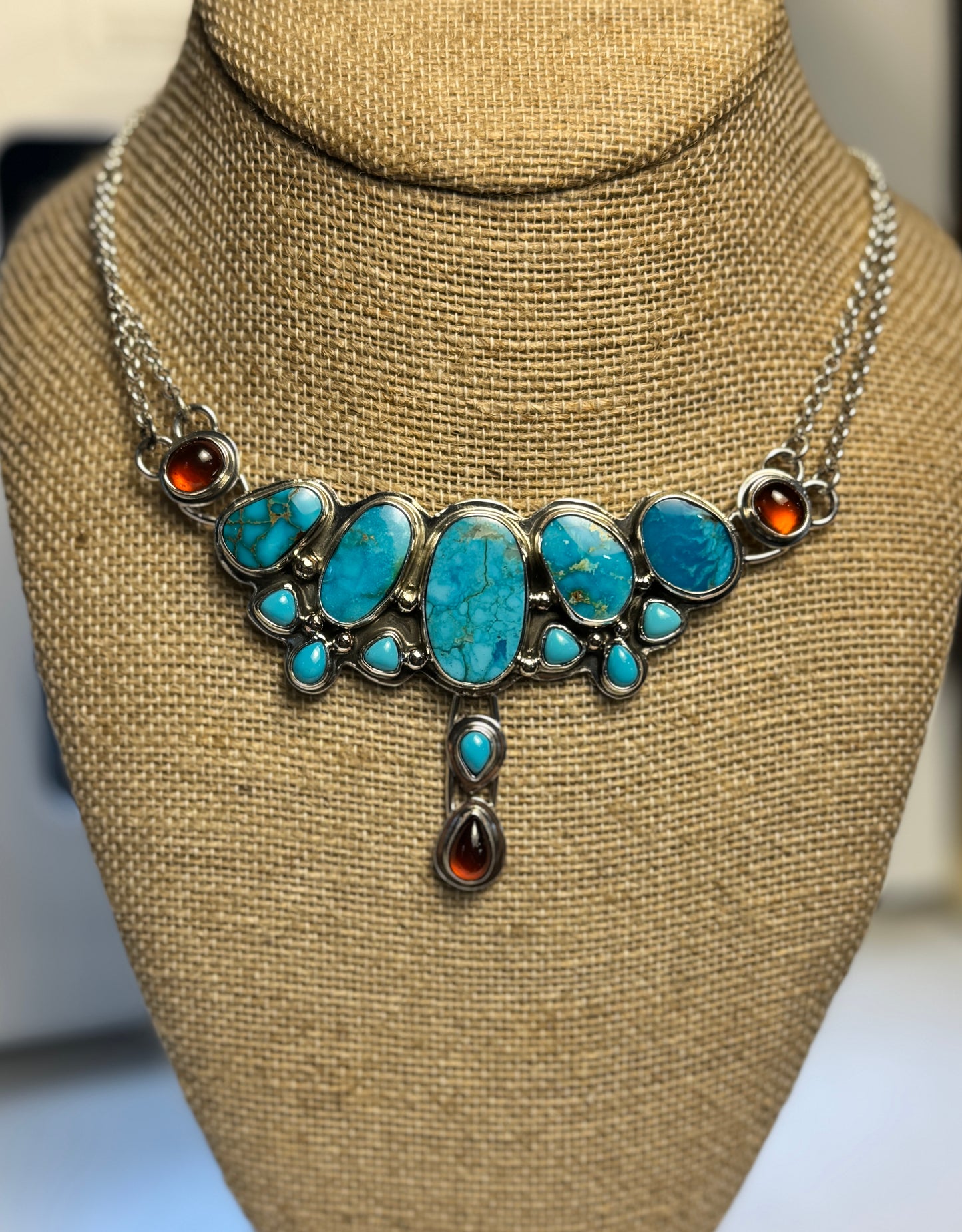 Turquoise and Hessonite Garnet Sterling Silver Necklace