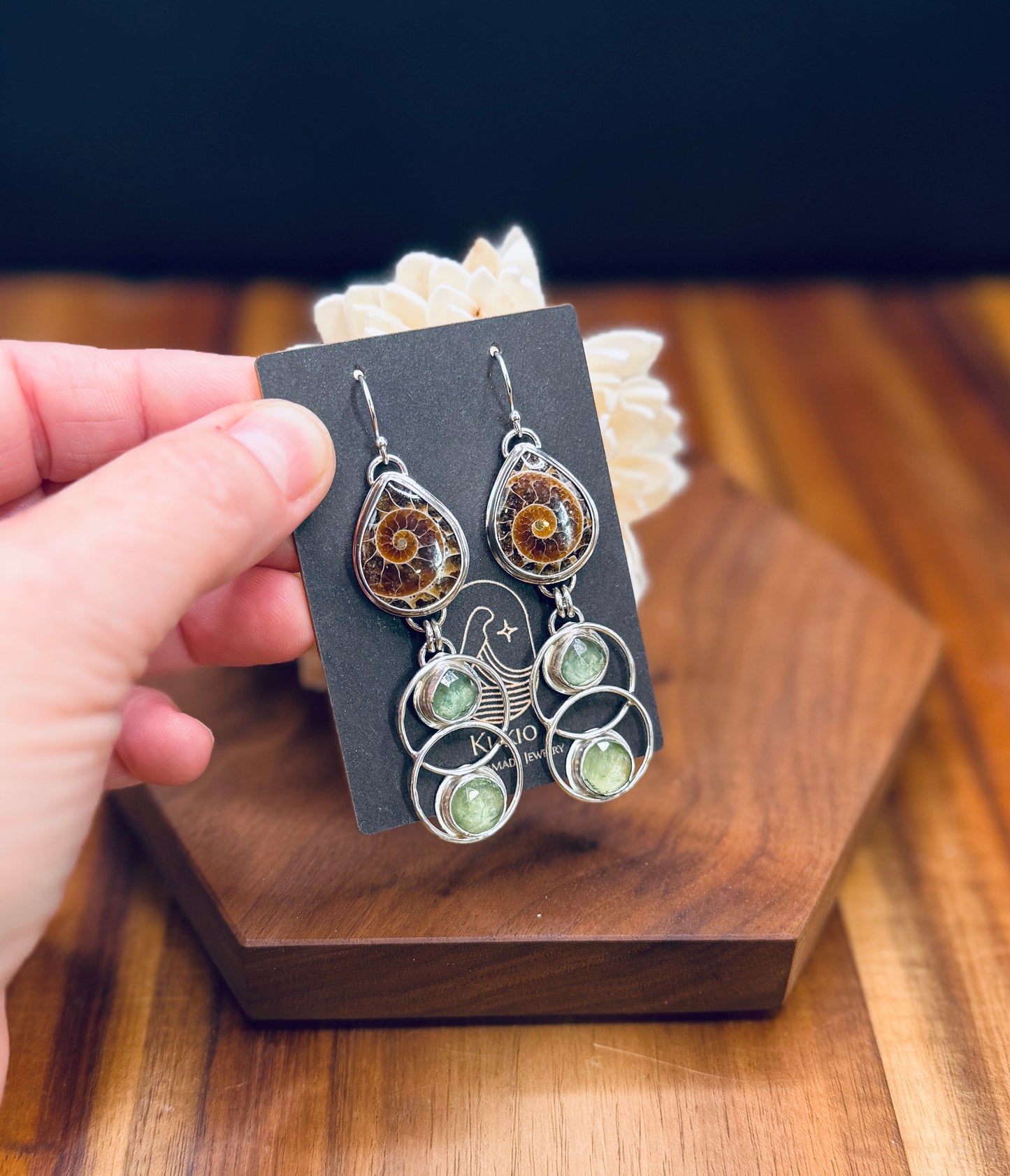 Sterling Silver Ammonite and Minty Green Double Hoop Earrings