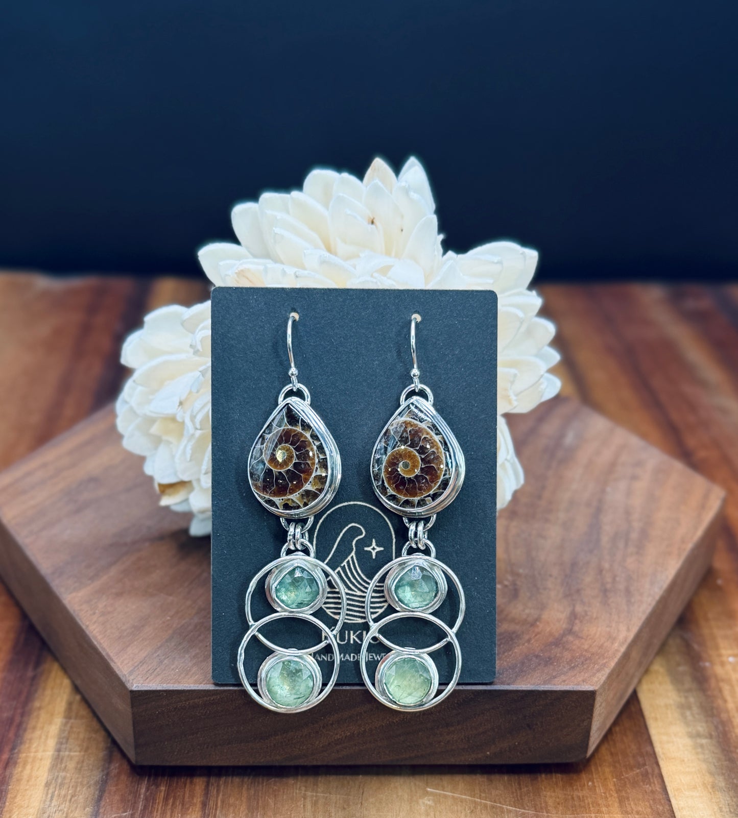 Sterling Silver Ammonite and Minty Green Double Hoop Earrings