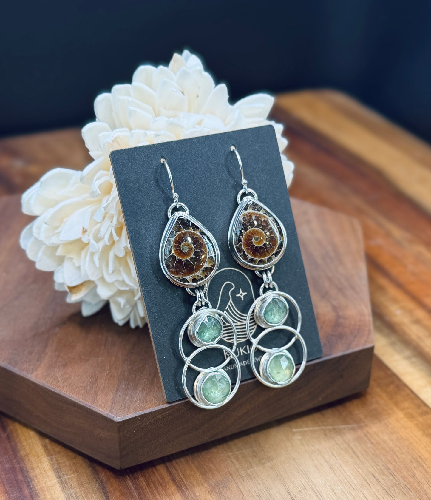 Sterling Silver Ammonite and Minty Green Double Hoop Earrings