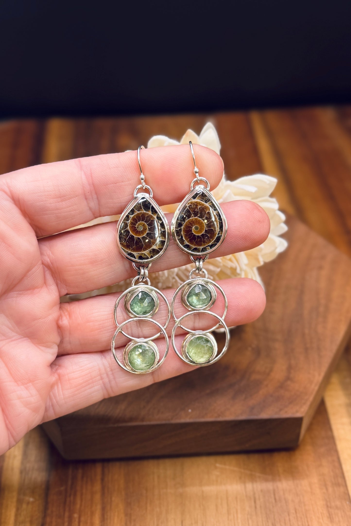 Sterling Silver Ammonite and Minty Green Double Hoop Earrings
