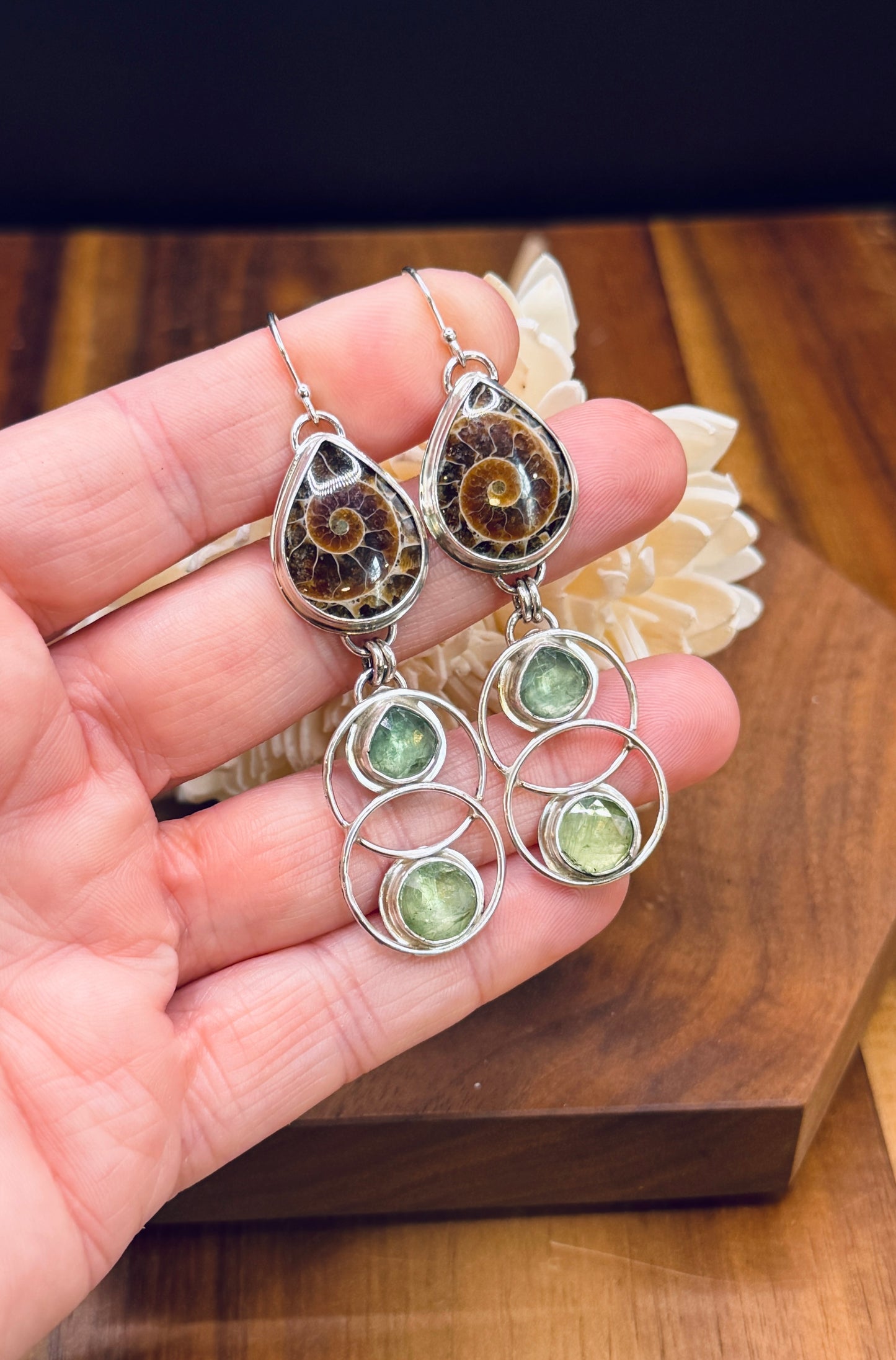 Sterling Silver Ammonite and Minty Green Double Hoop Earrings