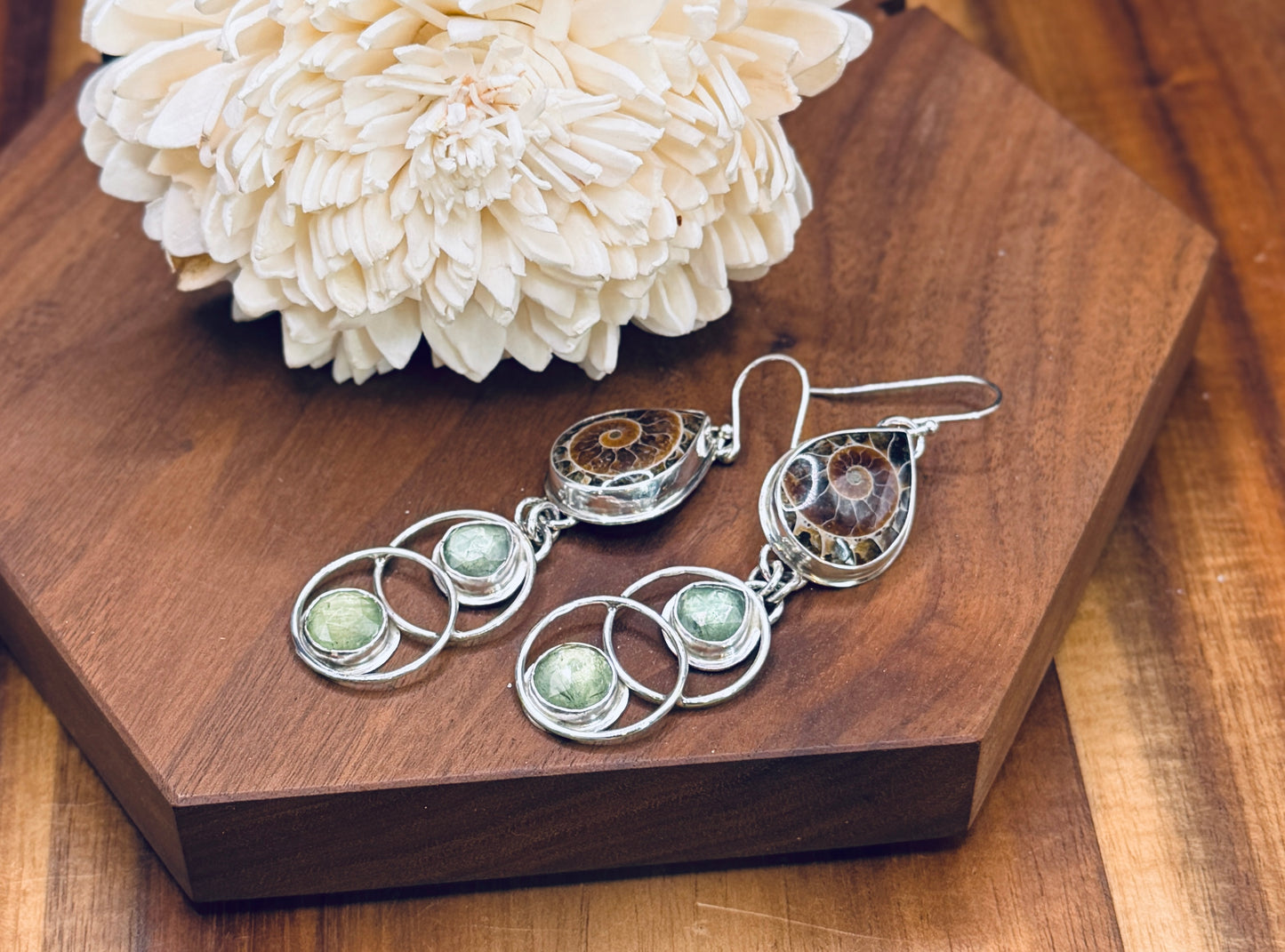 Sterling Silver Ammonite and Minty Green Double Hoop Earrings
