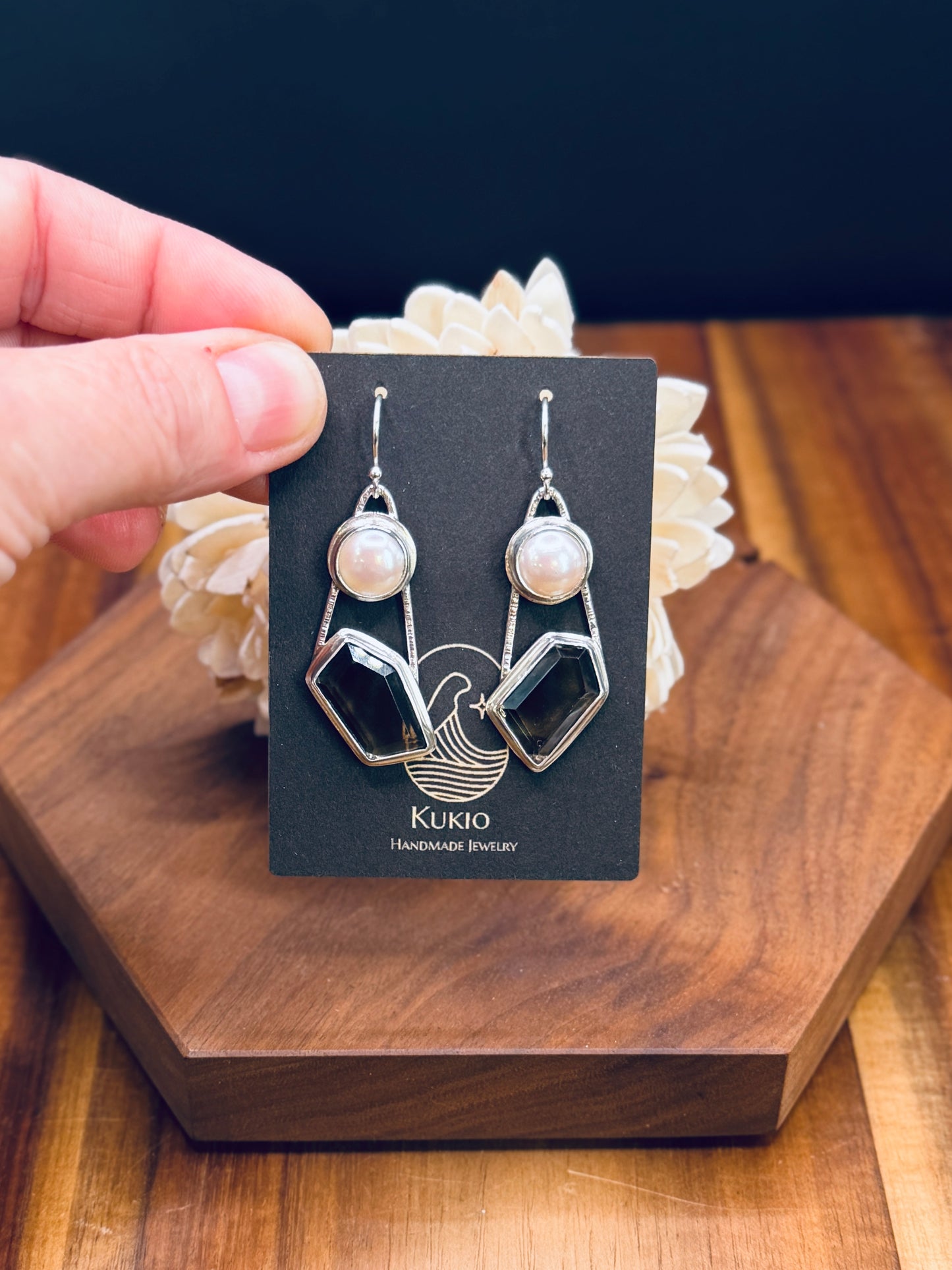Smoky Lemon Phantom Quartz and Pearl Sterling Silver Earrings