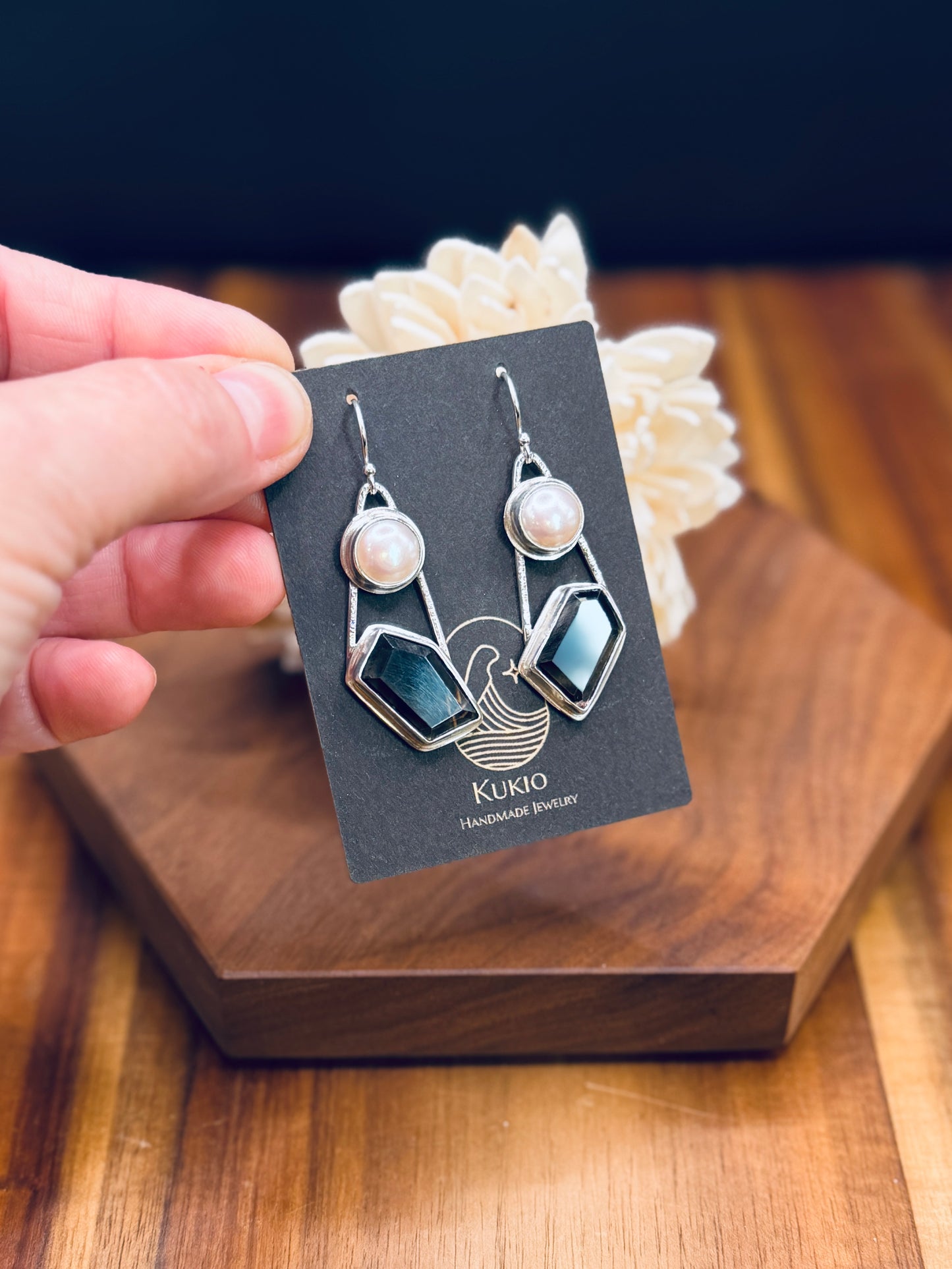 Smoky Lemon Phantom Quartz and Pearl Sterling Silver Earrings