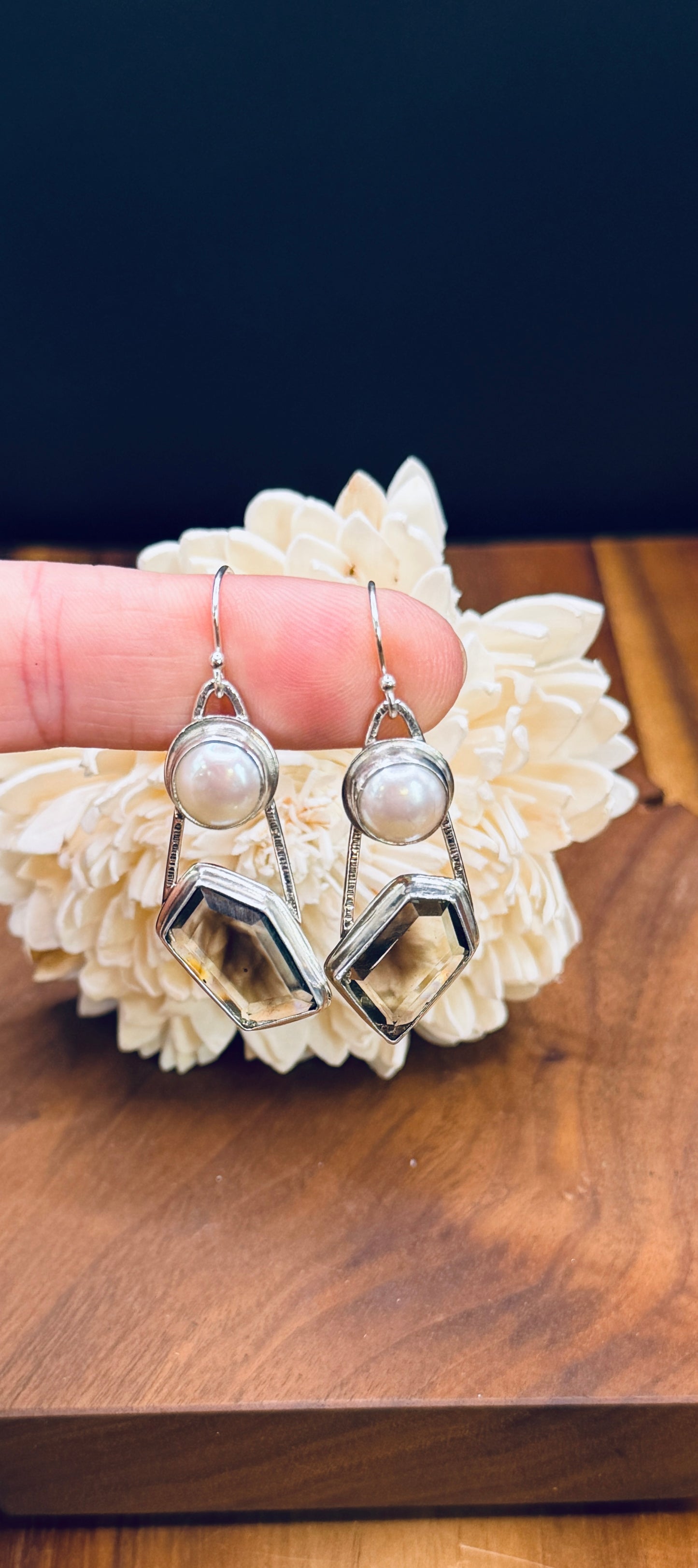 Smoky Lemon Phantom Quartz and Pearl Sterling Silver Earrings