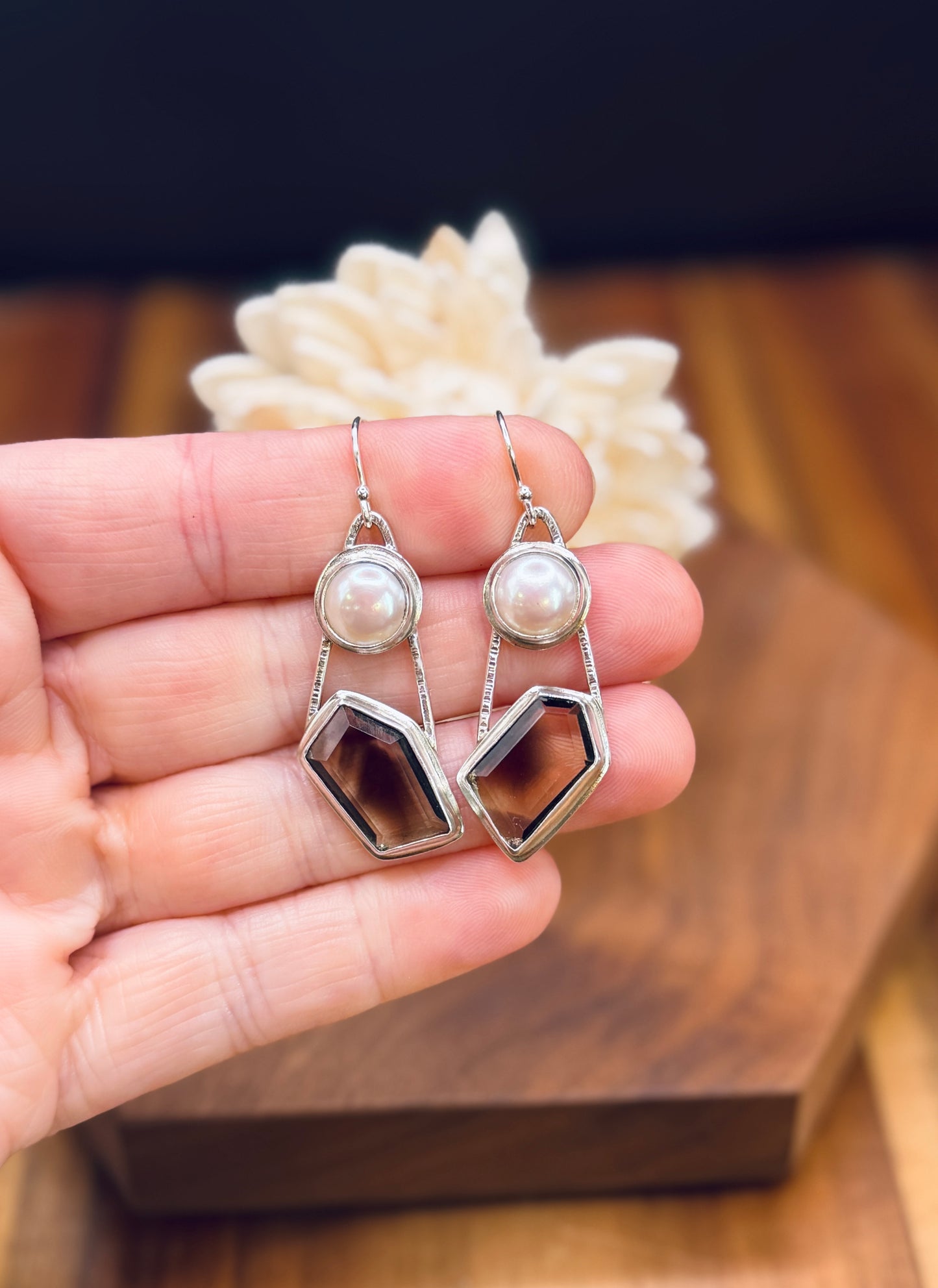 Smoky Lemon Phantom Quartz and Pearl Sterling Silver Earrings