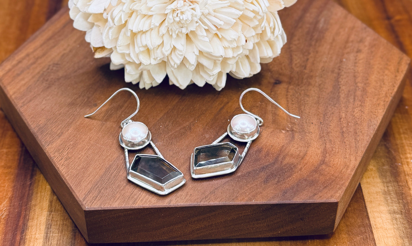 Smoky Lemon Phantom Quartz and Pearl Sterling Silver Earrings