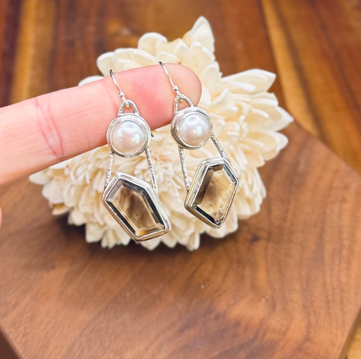 Smoky Lemon Phantom Quartz and Pearl Sterling Silver Earrings