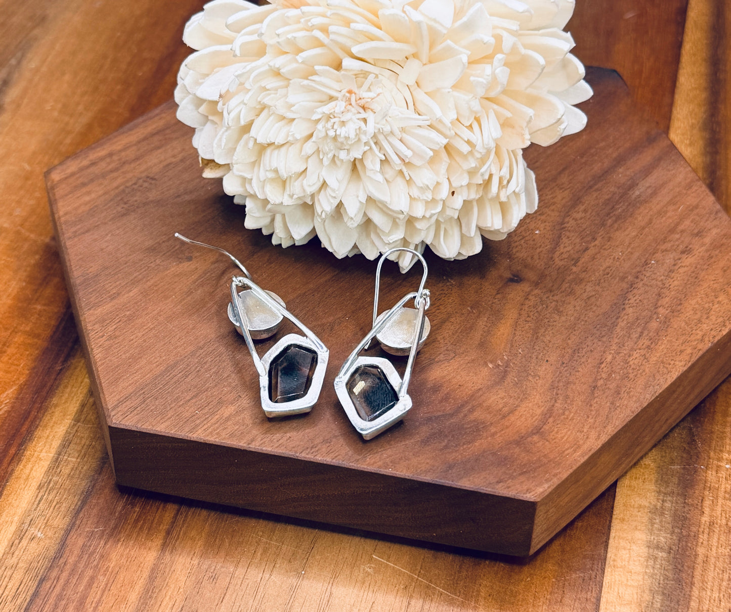 Smoky Lemon Phantom Quartz and Pearl Sterling Silver Earrings