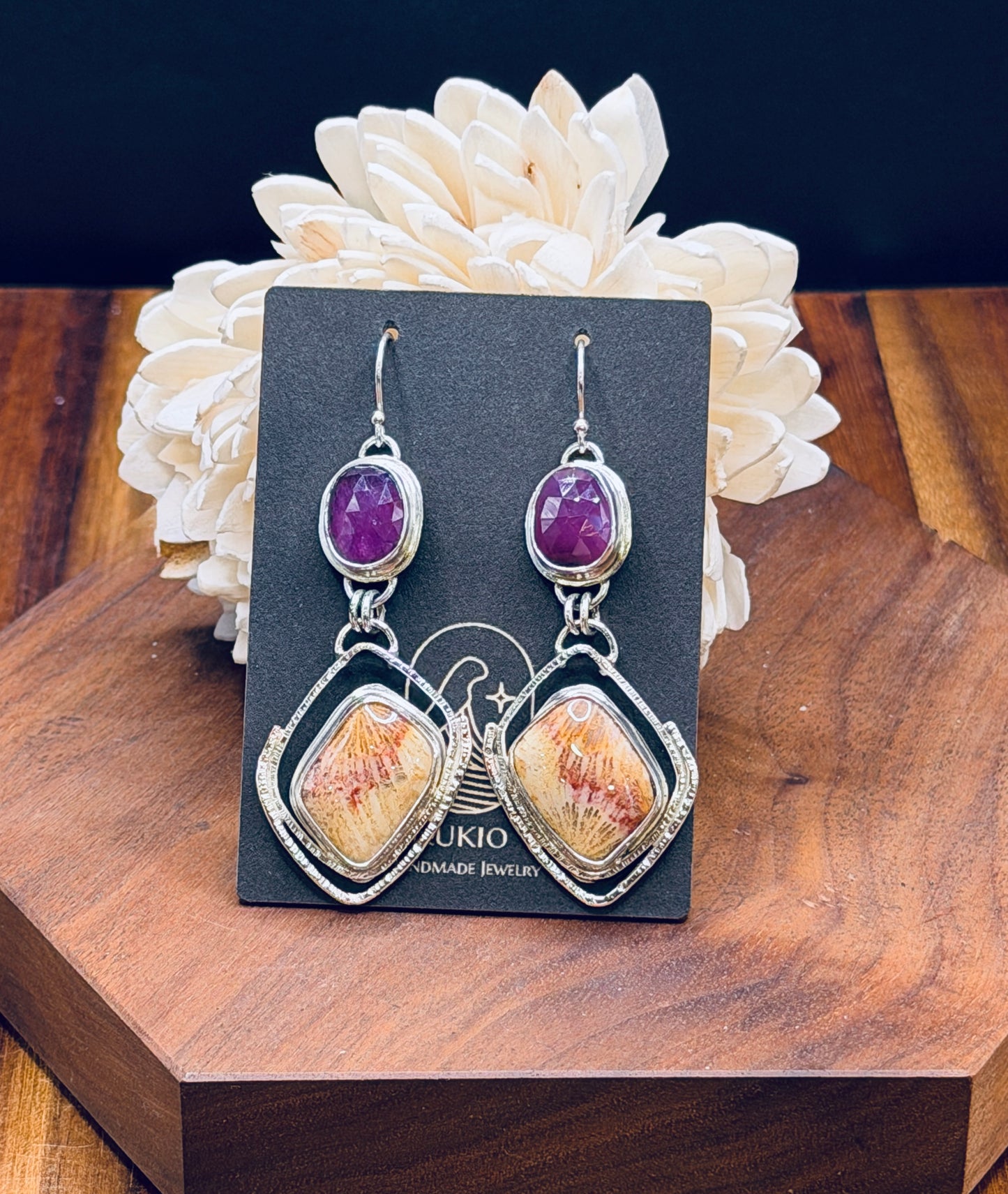 Sterling Silver Fossilized Coral with Raspberry Pink Sapphires