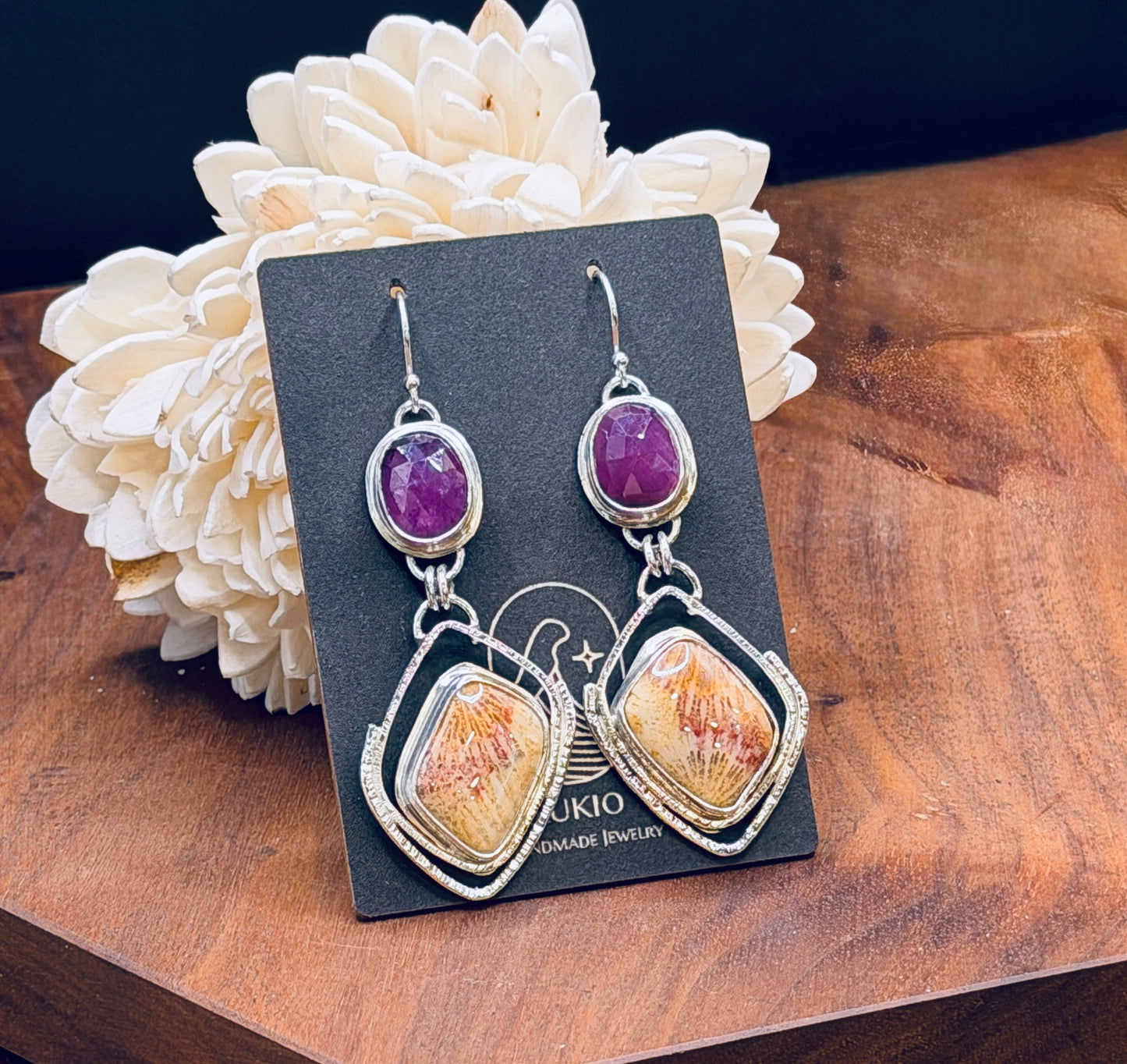 Sterling Silver Fossilized Coral with Raspberry Pink Sapphires