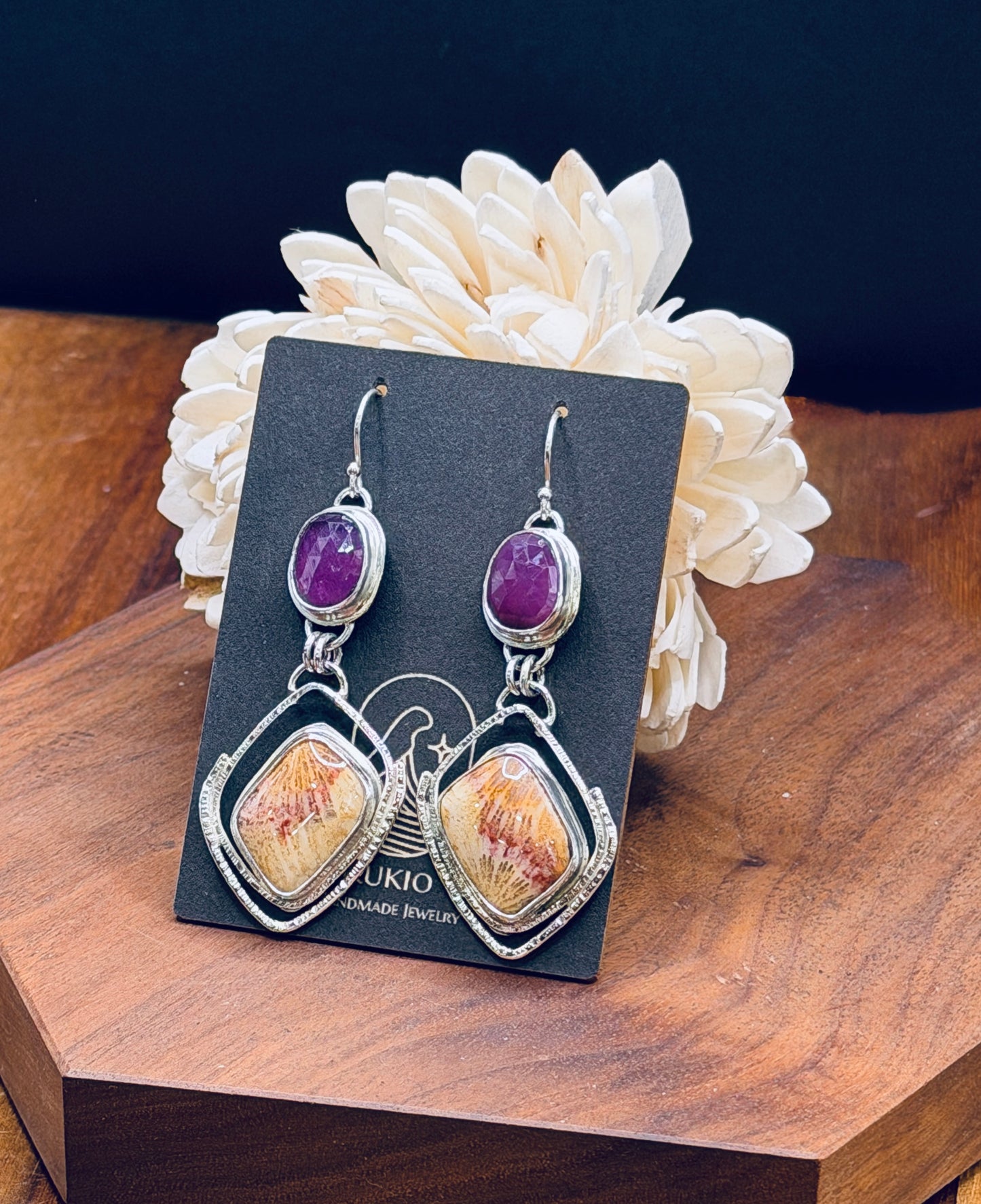 Sterling Silver Fossilized Coral with Raspberry Pink Sapphires