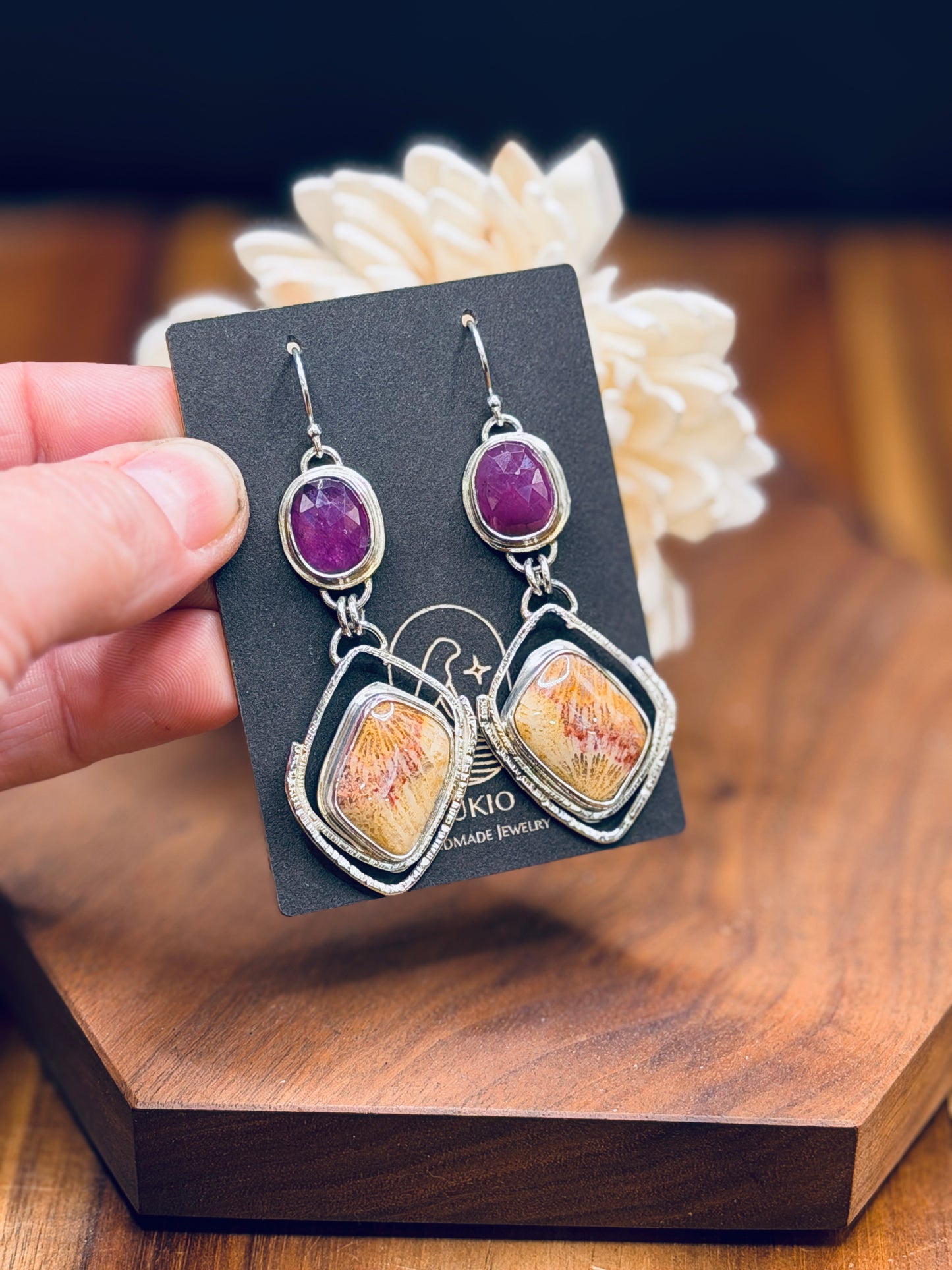 Sterling Silver Fossilized Coral with Raspberry Pink Sapphires