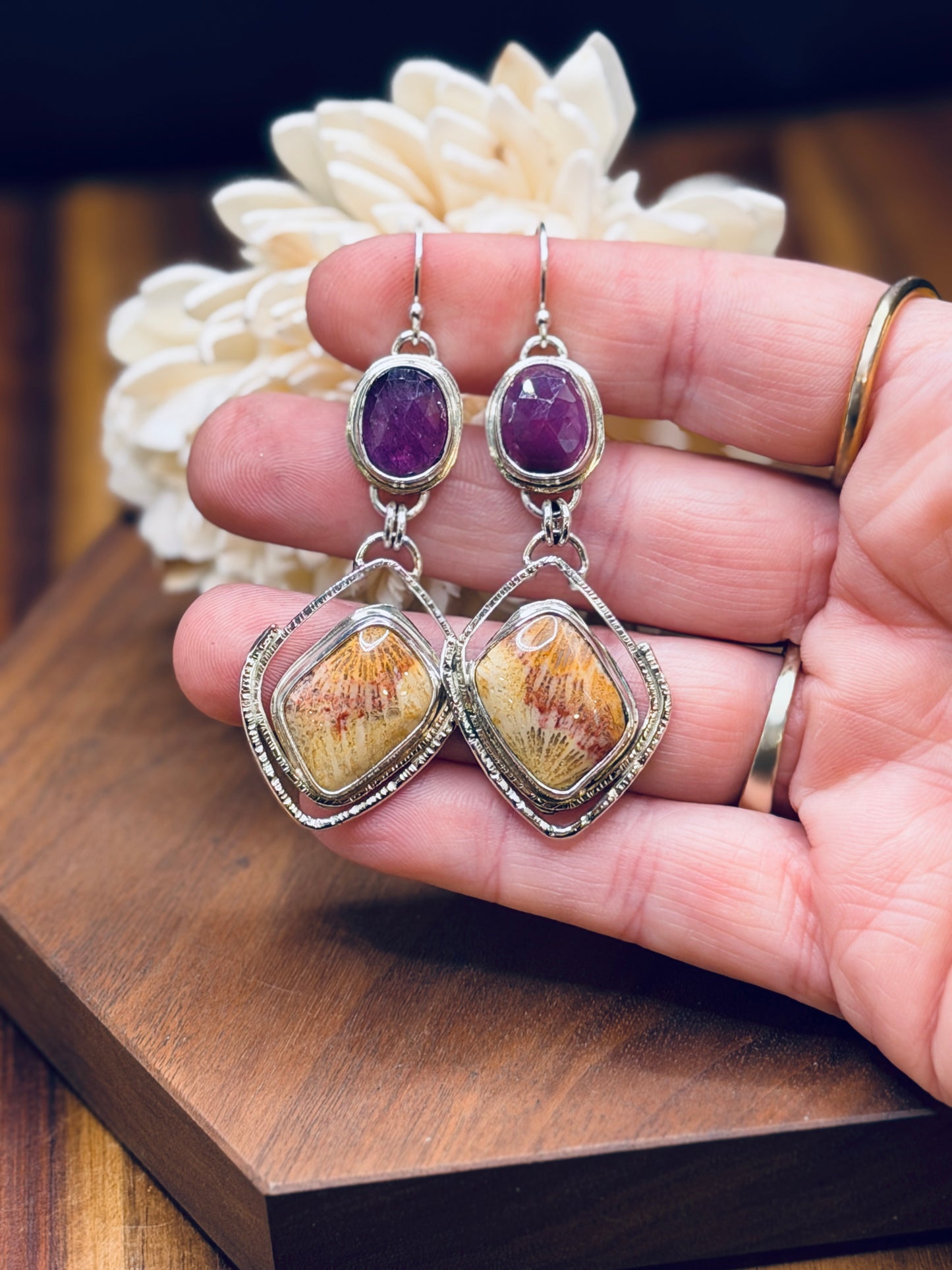 Sterling Silver Fossilized Coral with Raspberry Pink Sapphires