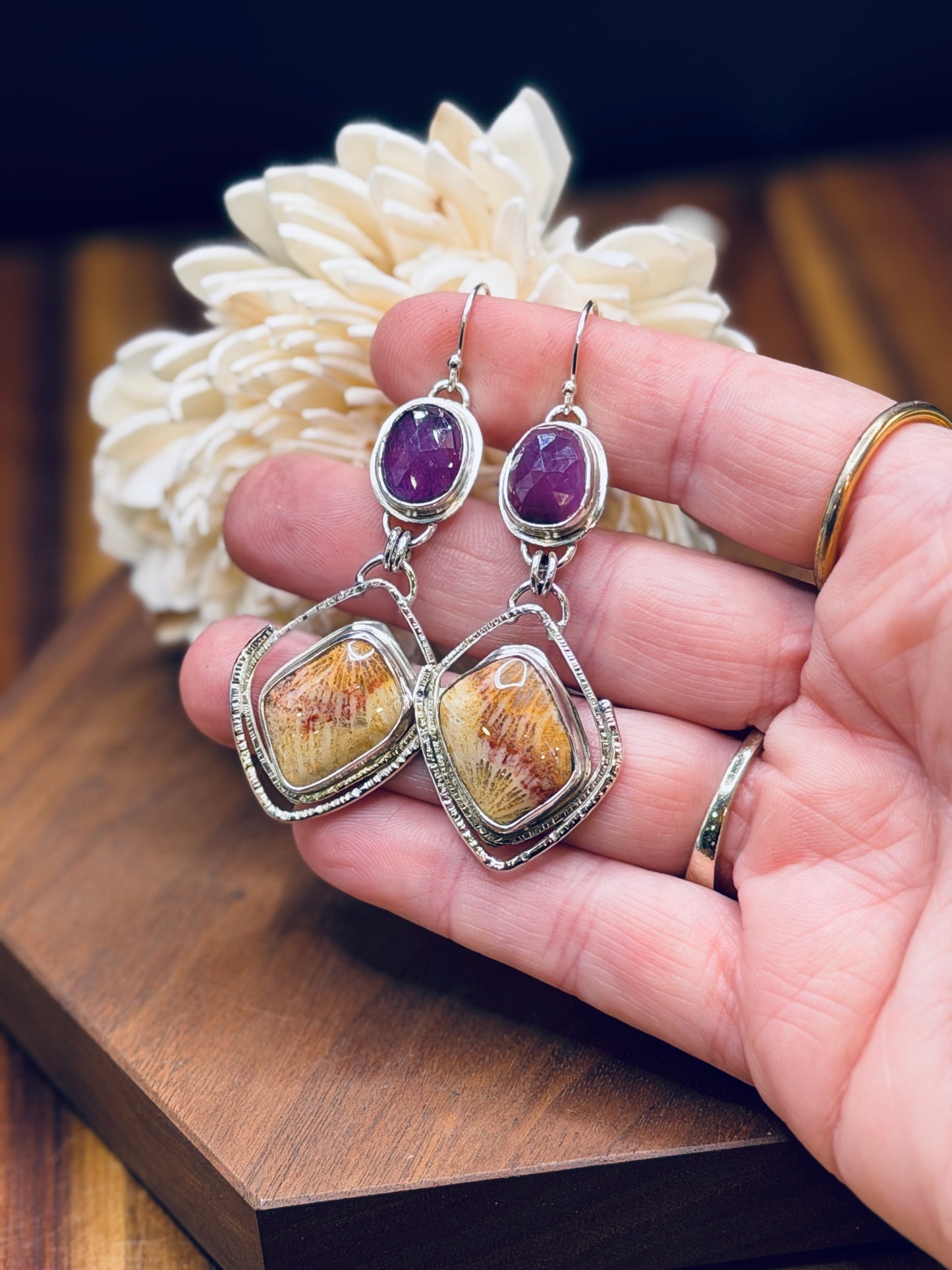 Sterling Silver Fossilized Coral with Raspberry Pink Sapphires