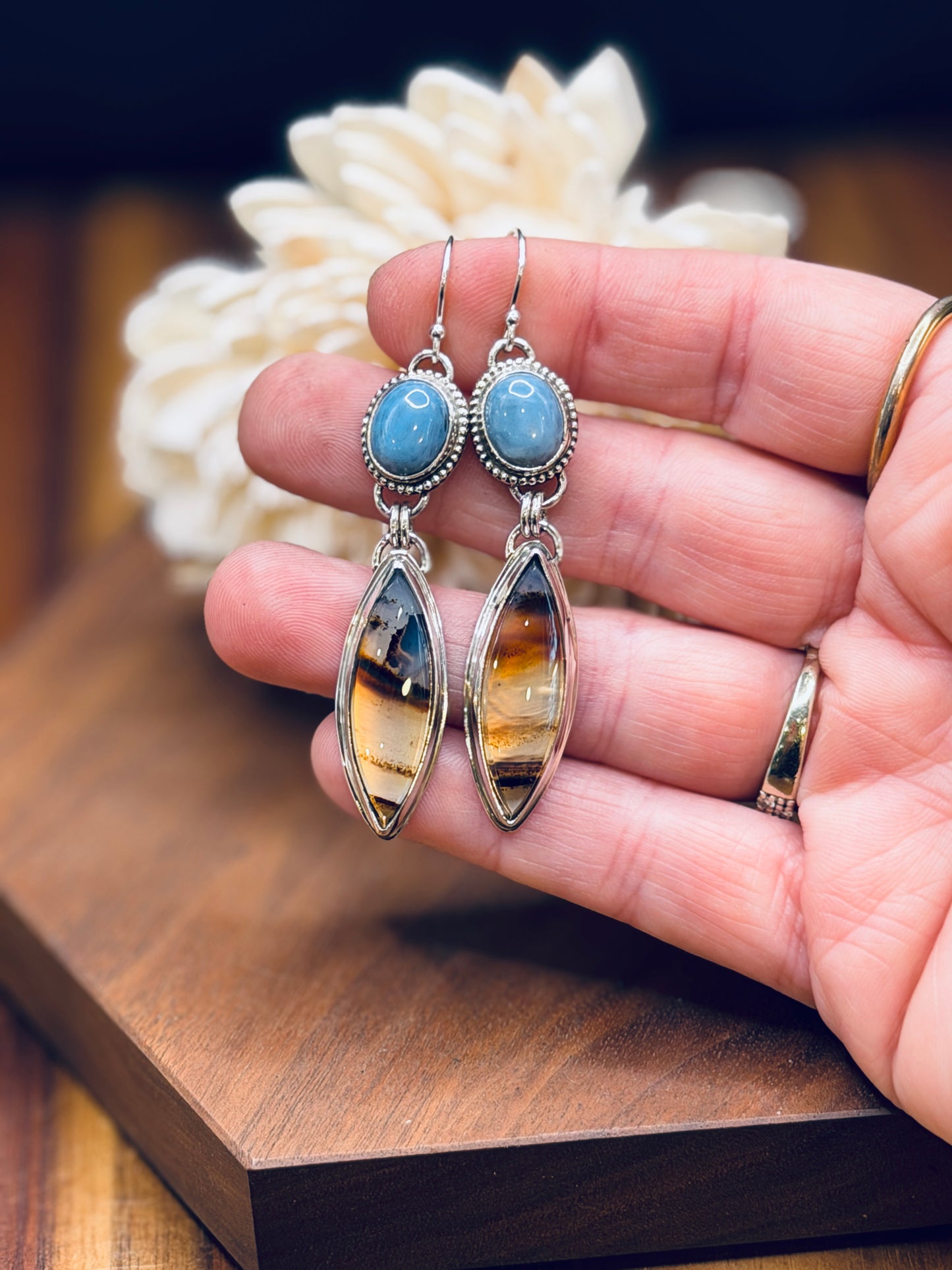 Montana Agate and Owyhee Blue Opal Earrings